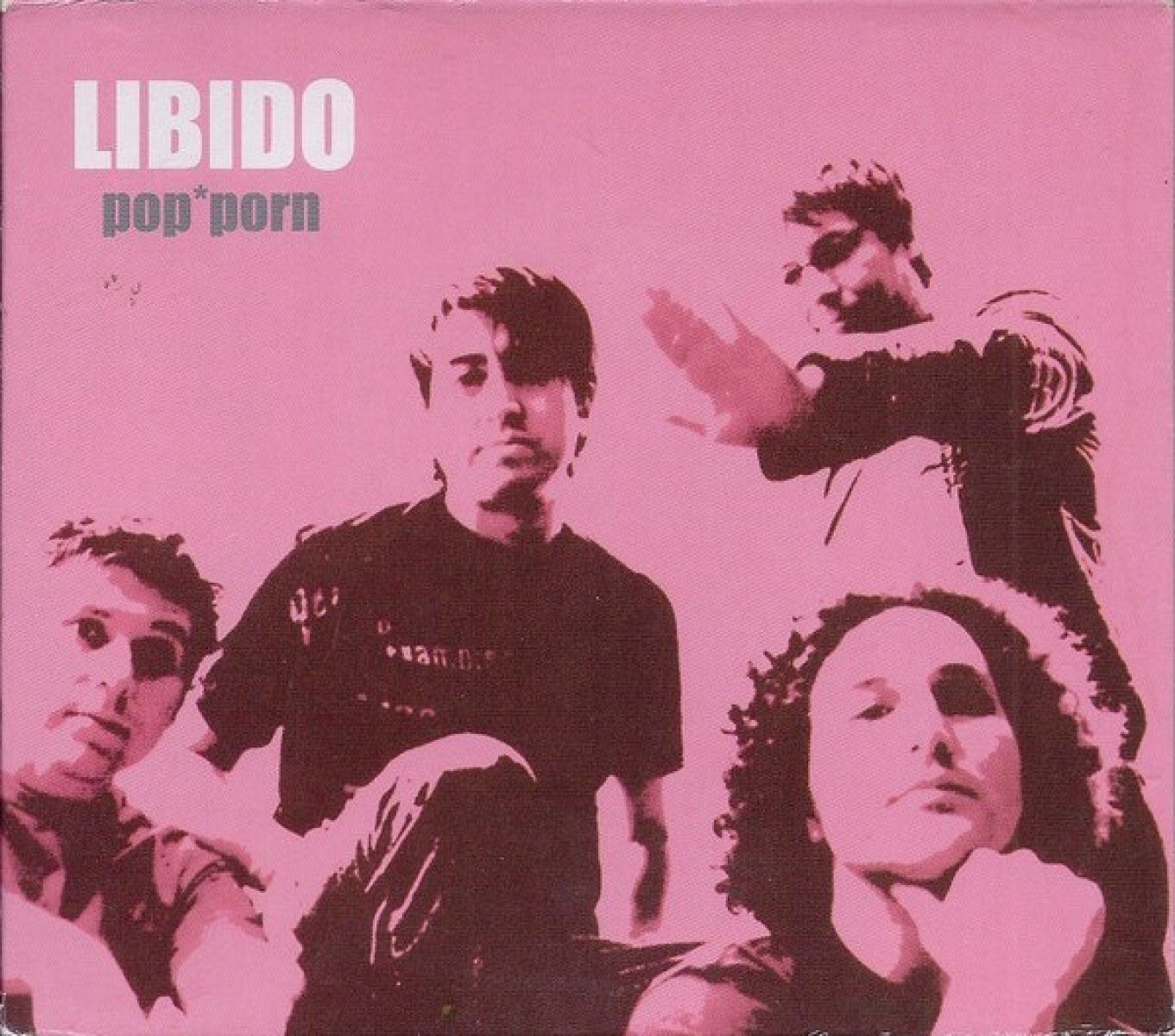 Albumhoes met vier mannen in roze en bruine tinten. Het woord LIBIDO en pop*porn staan bovenaan.
