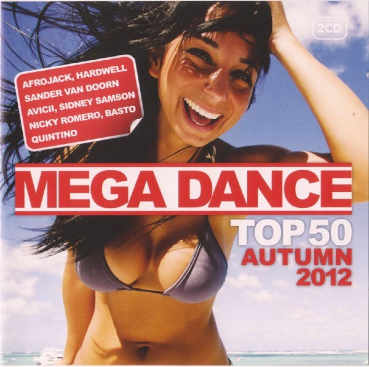 Albumhoes: Lachende vrouw met lang haar, bikini, tekst 'MEGA DANCE' en artiestennamen. 'TOP 50 HERFST 2012'.