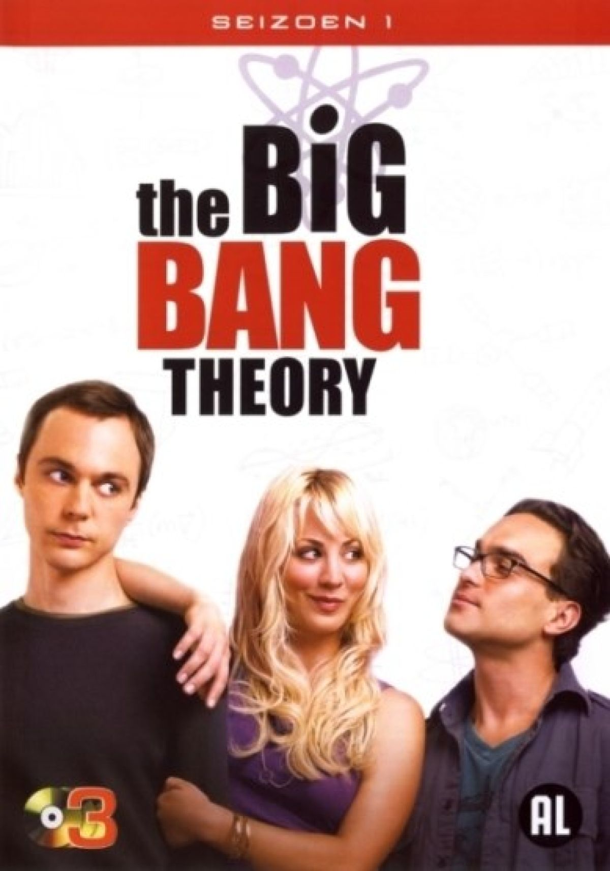 De DVD-cover van The Big Bang Theory. Toont drie mensen, de titel van de show en een rode balk bovenaan.