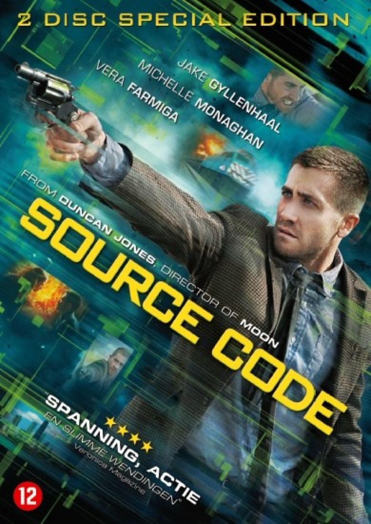 Filmposter voor Source Code. Jake Gyllenhaal richt een pistool. Titel in geel. Namen van andere acteurs worden getoond.