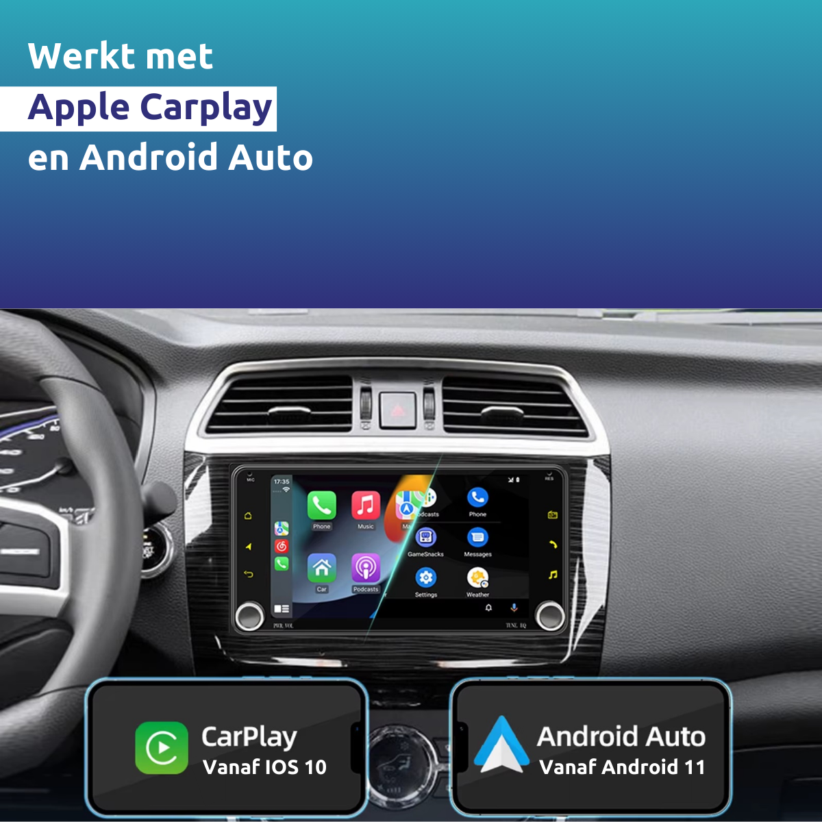 Car dashboard with a display showing app icons. Below, Apple CarPlay and Android Auto logos are displayed with version details.