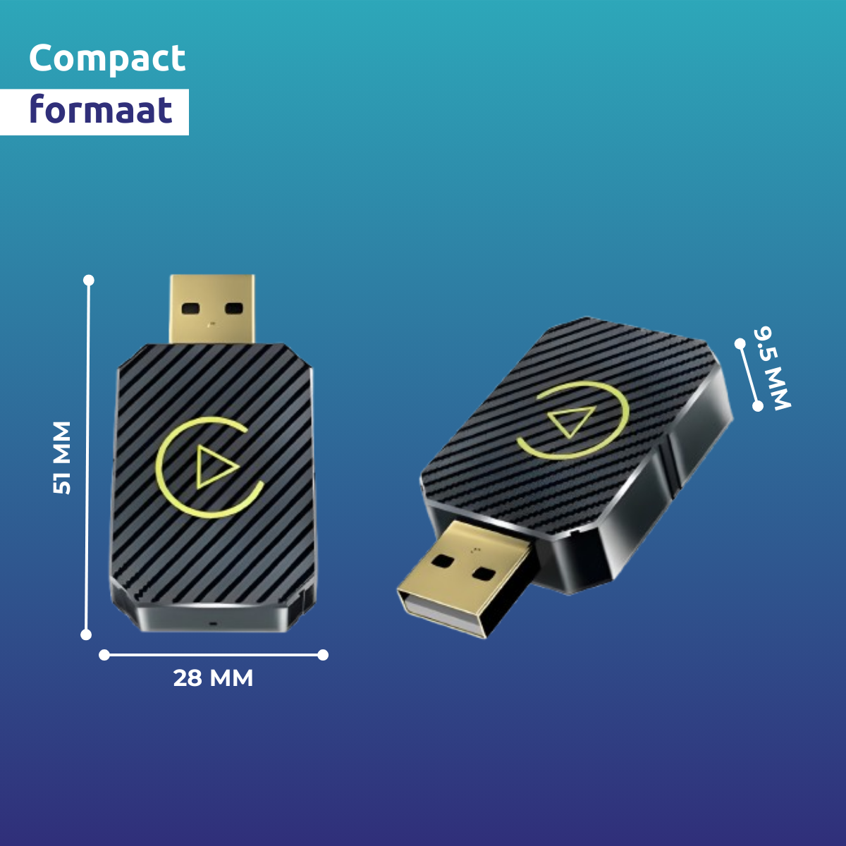 Two black USB devices with golden connectors. One shows dimensions: 51mm, 28mm, and 9.5mm. The devices have a play symbol.