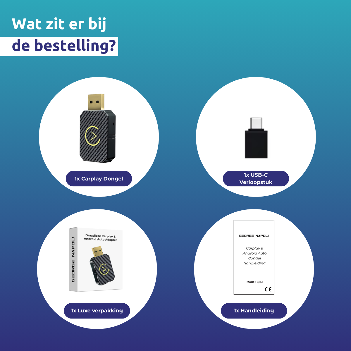 The image shows the contents of an order: a carplay dongle, USB-C adapter, luxe packaging, and a manual. Each item is labeled.