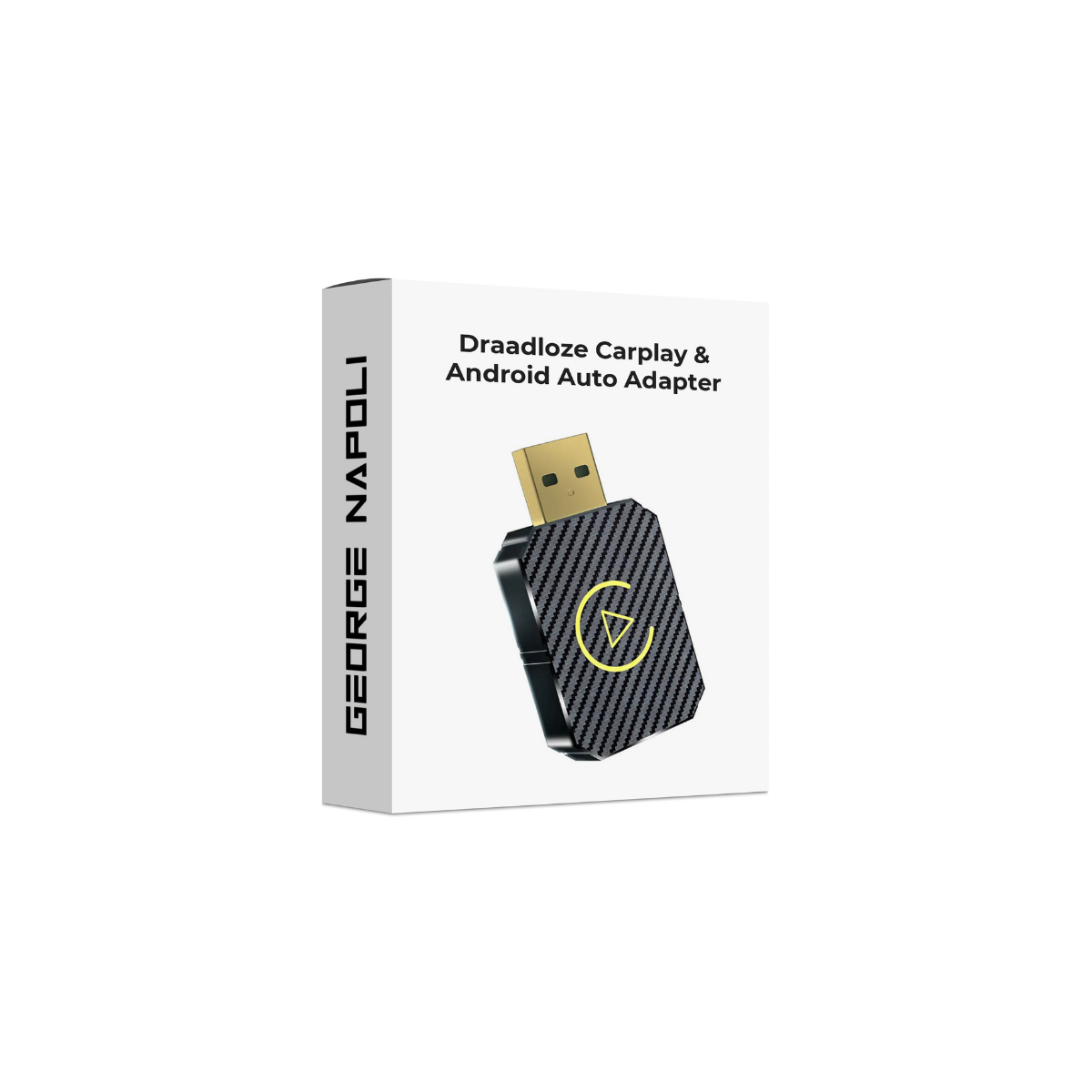 A white box with a USB adapter that says 'Draadloze CarPlay & Android Auto Adapter'. The adapter is black with a yellow triangle.