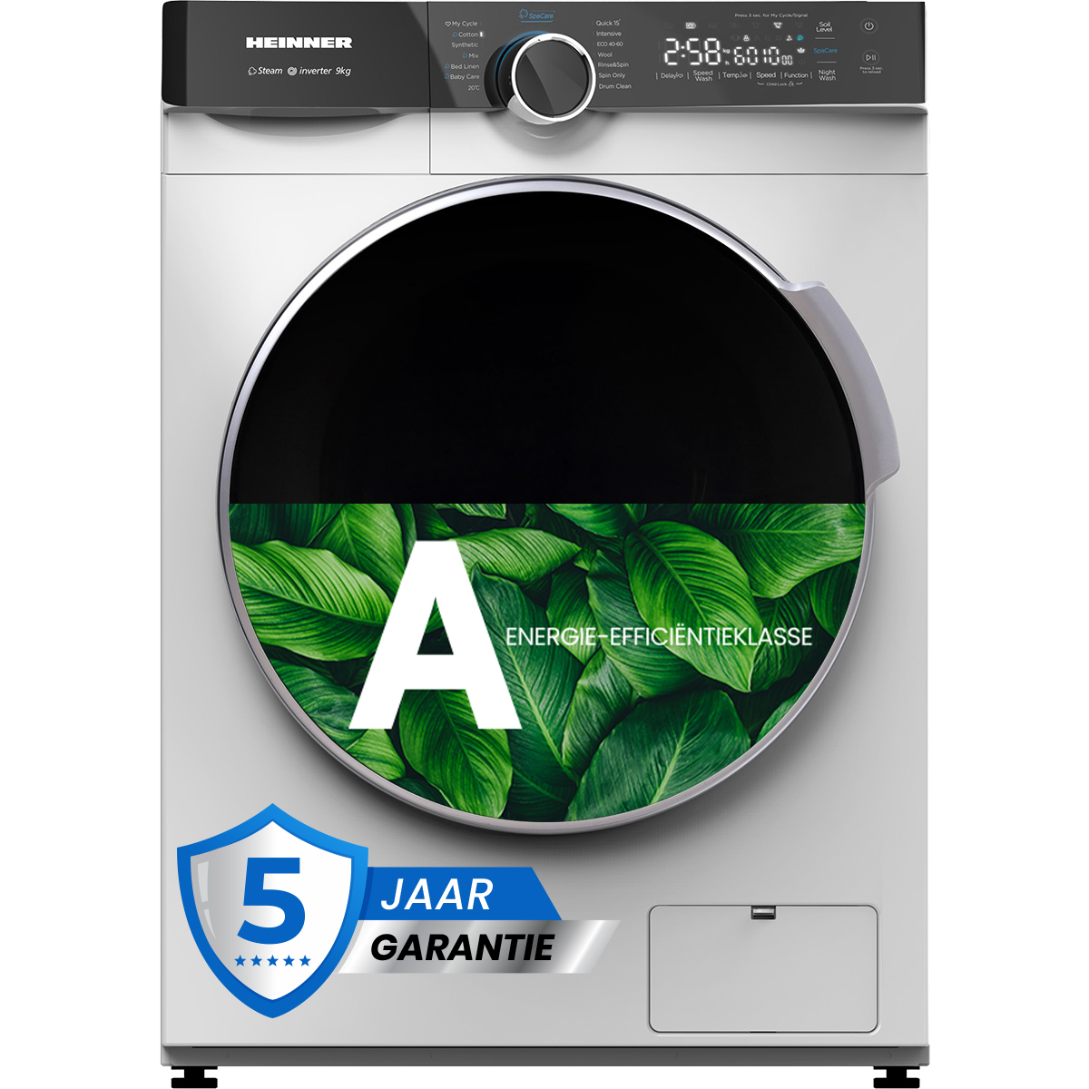 Eine weiße Waschmaschine mit schwarzer Tür. Sie hat ein grünes Blattdesign und ein Energieeffizienzklasse A Label.