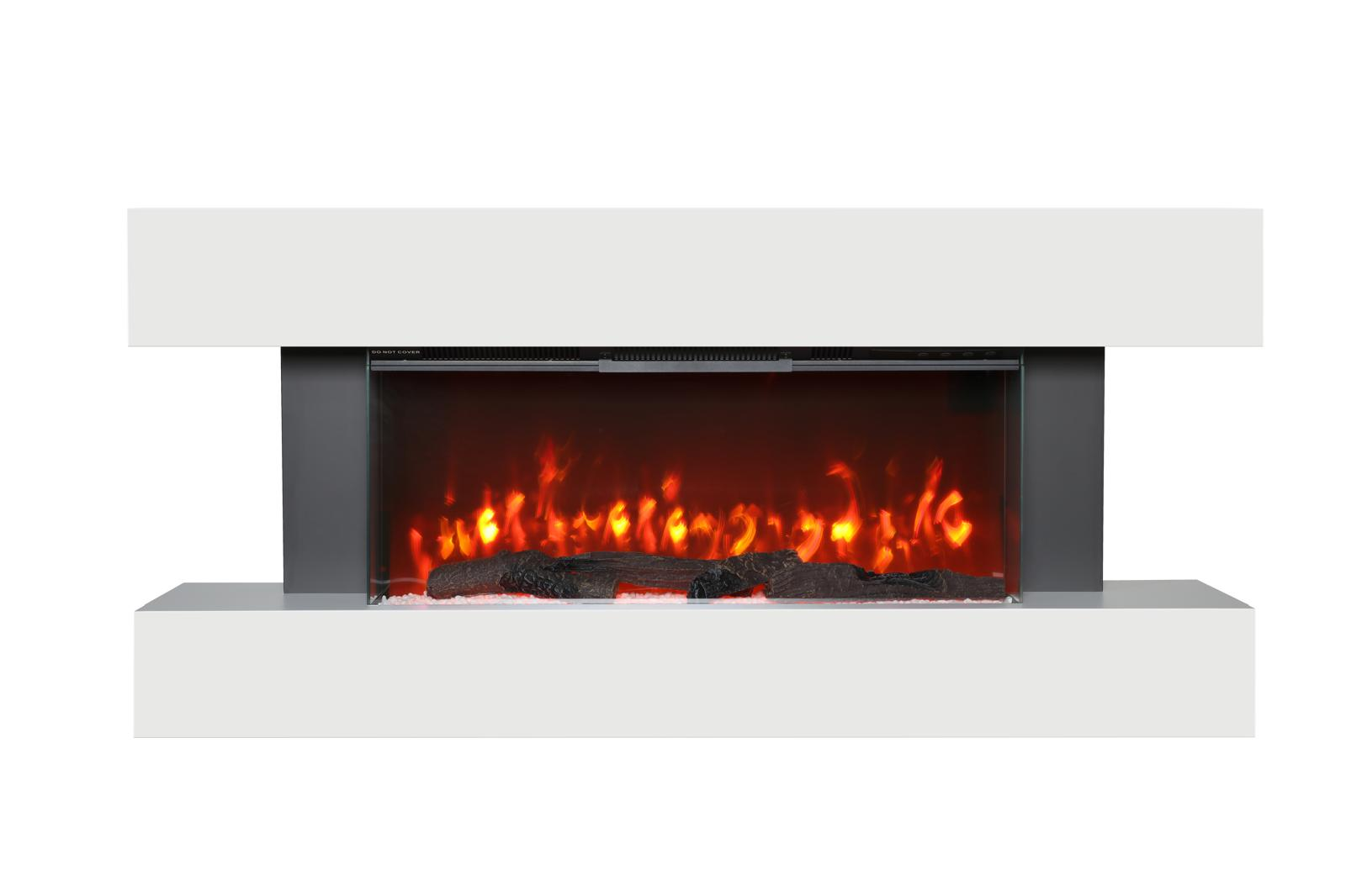 Chimenea eléctrica con marco blanco, marco gris y llamas. Leños en la base. Las llamas son de color naranja brillante.
