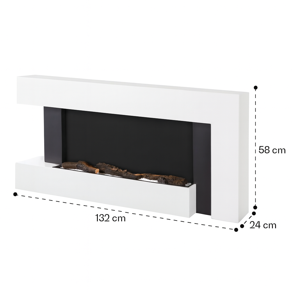 Una chimenea eléctrica blanca moderna. Tiene un interior negro y troncos artificiales. Dimensiones: 132cm x 58cm x 24cm.