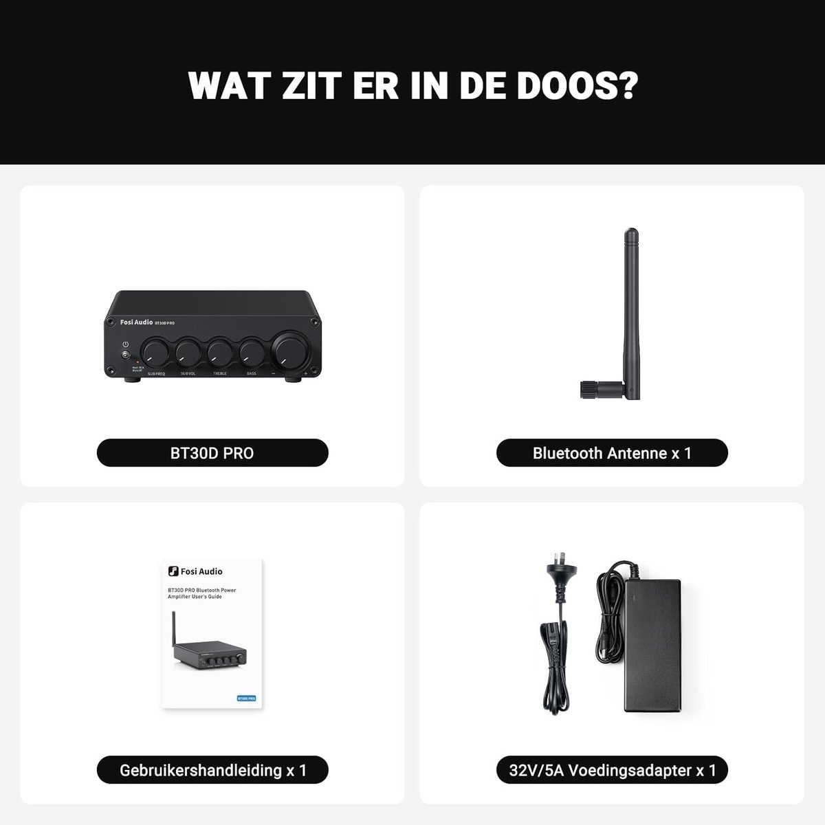 L'image montre le contenu d'une boîte: BT30D PRO, antenne Bluetooth, manuel d'utilisation et un adaptateur secteur.