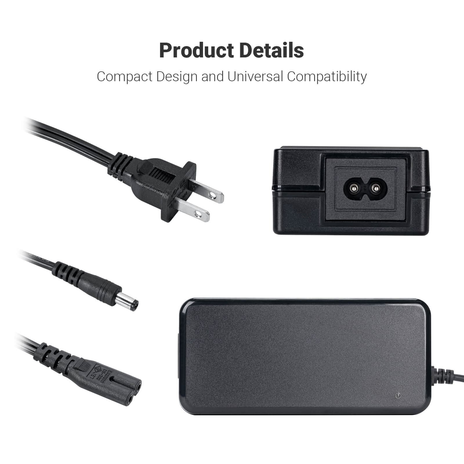 Afbeelding toont een zwarte voedingsadapter met diverse stekkers. Tekst luidt: Productdetails. Compact ontwerp en universele compatibiliteit.