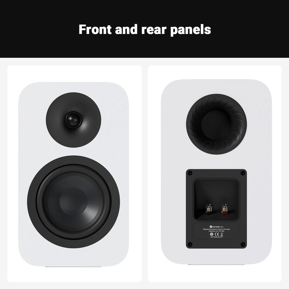 Dos paneles blancos de altavoz. Uno muestra el frente con altavoz y tweeter, el otro la parte posterior con conector y logotipo de la marca.