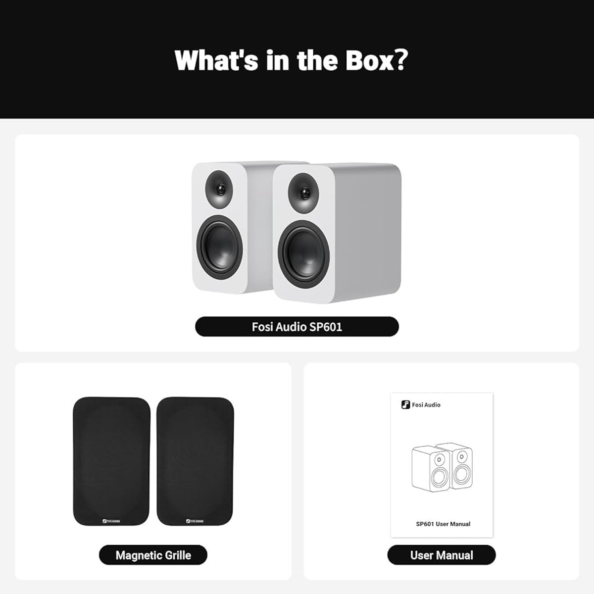 La imagen muestra el contenido de una caja, incluyendo dos altavoces, rejillas magnéticas y un manual de usuario. Todos los elementos están etiquetados.