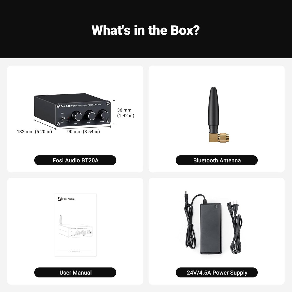 Image shows audio components: Amplifier, antenna, manual, and power supply. Black box amplifier with knobs, black antenna, and power supply.