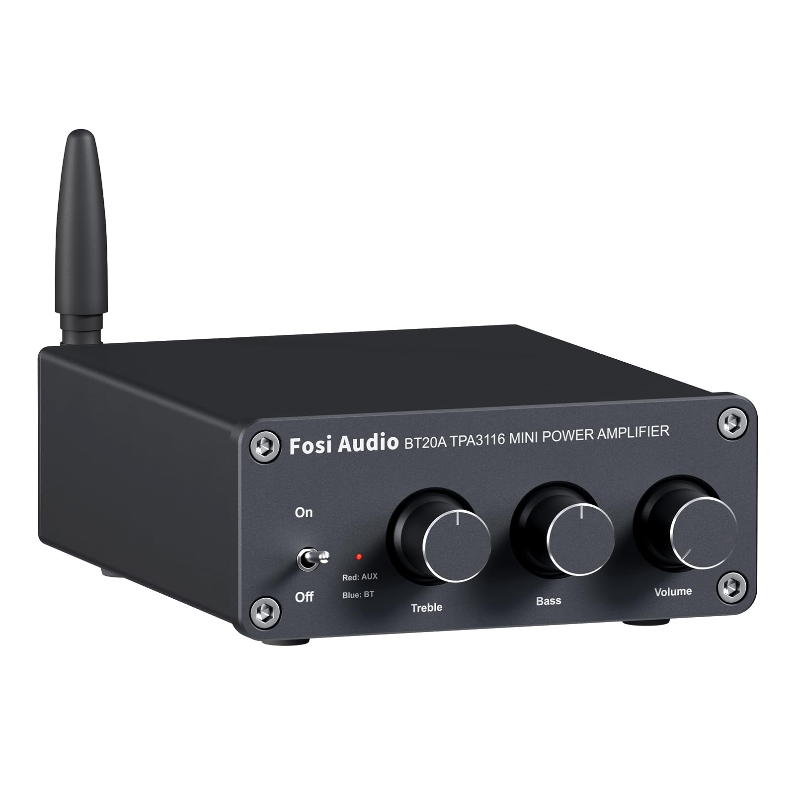 Mini amplificateur de puissance noir avec antenne, boutons pour les aigus, les basses et le volume. Dispose d'un interrupteur marche/arrêt et de voyants.