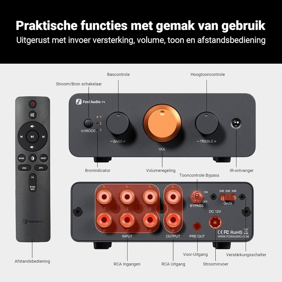 Zwarte en oranje audioversterker met afstandsbediening. Voorzien van volume-, bas-, treble-regelaars en RCA in-/uitgangen.
