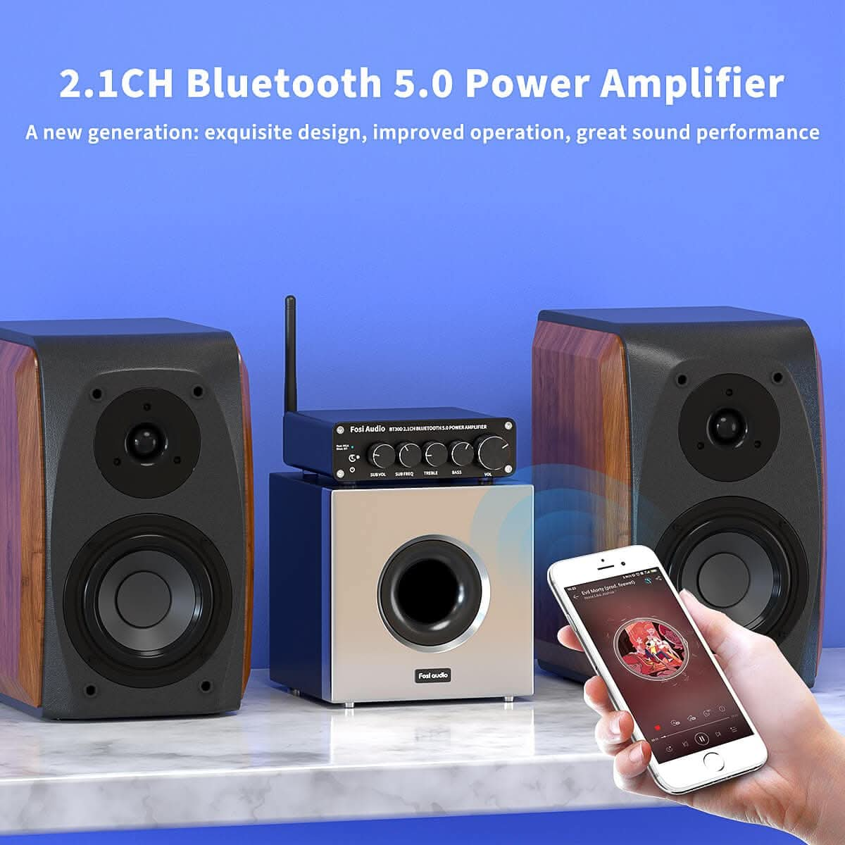 A Bluetooth amplifier setup with speakers. A phone displays music, alongside a subwoofer and an amplifier, all on a blue background.