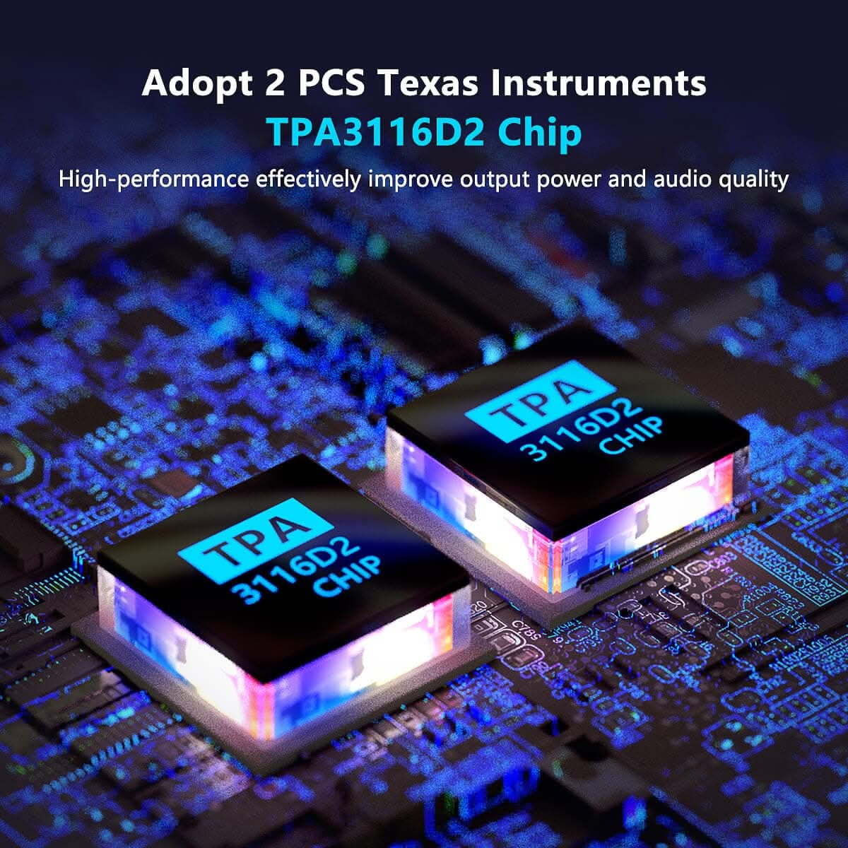 Two TPA3116D2 chips are on a blue circuit board. The chips have the text 'TPA 3116D2 CHIP' on them.