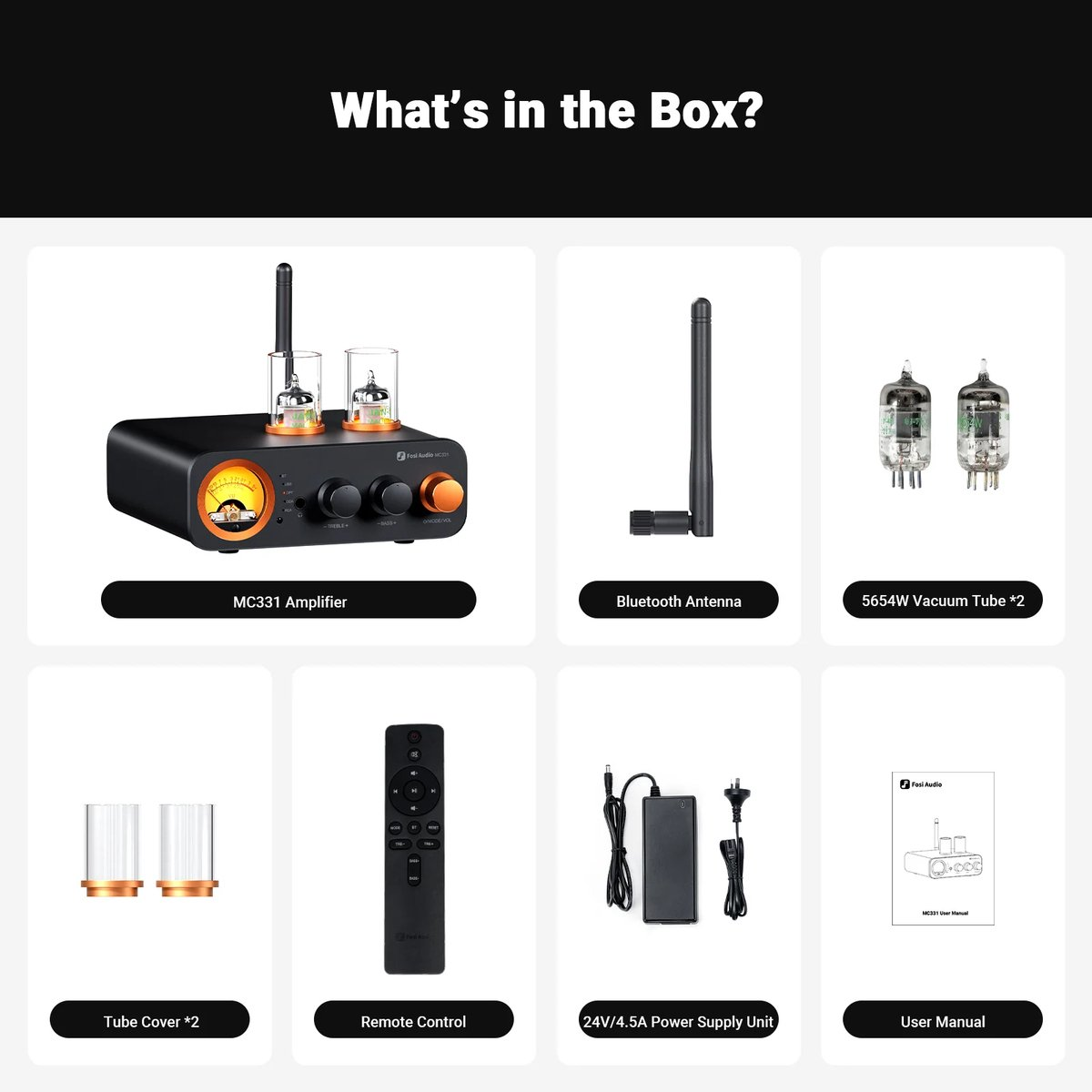 Afbeelding toont audio-componenten: versterker, antenne, vacuümbuizen, hoezen, afstandsbediening, voeding en een handleiding.