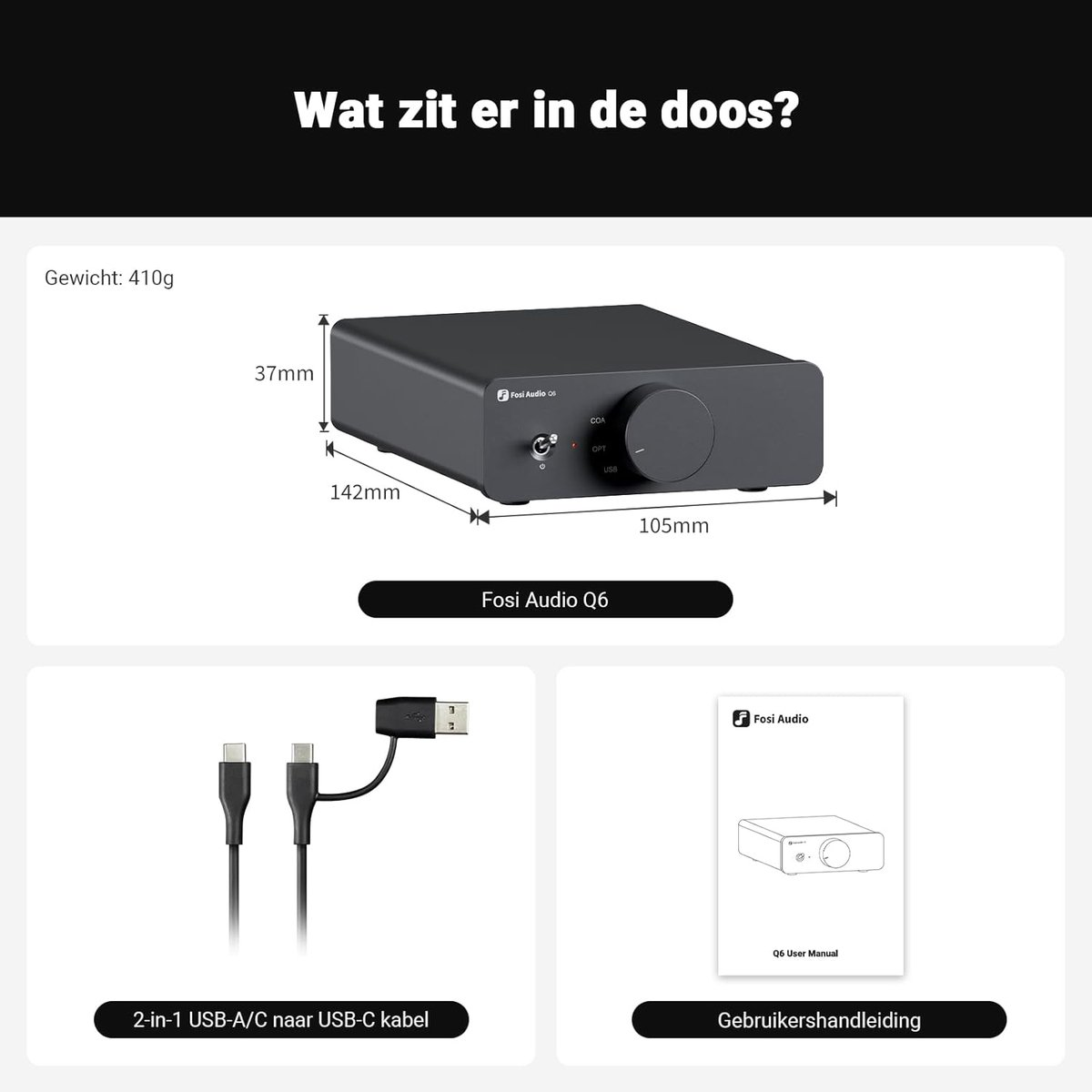 Das Bild zeigt einen schwarzen Fosi Audio Q6-Verstärker, ein USB-Kabel und eine Bedienungsanleitung. Abmessungen und Gewicht sind ebenfalls angegeben.