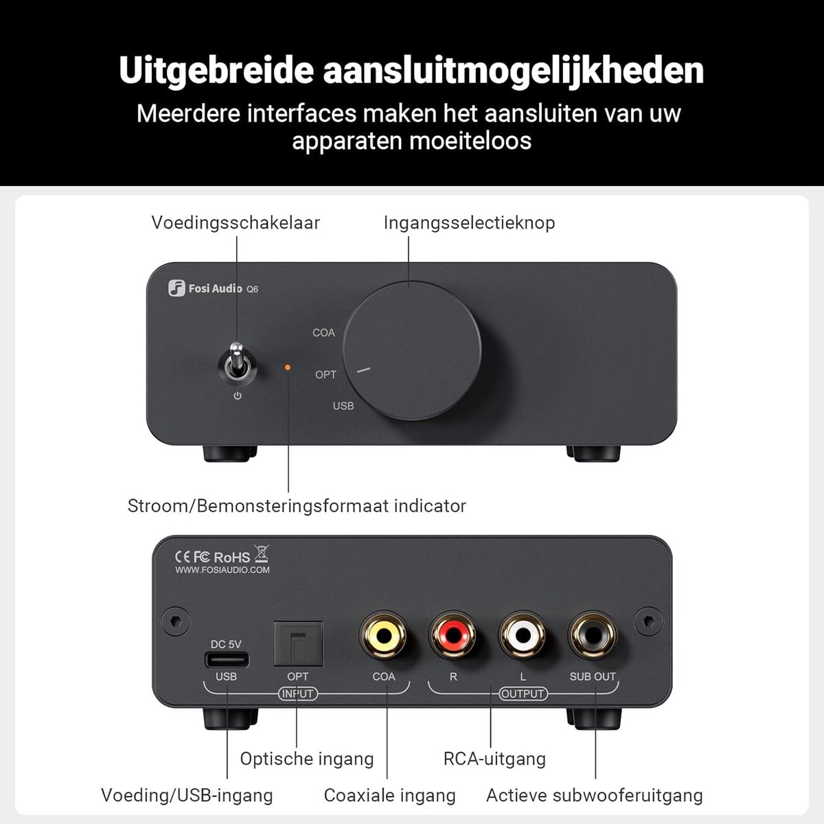 Schwarzes Audiogerät mit verschiedenen Ein-/Ausgangsoptionen: COA, OPT, USB, RCA und Subwoofer-Out. Auch Strom und Eingangswahlschalter.