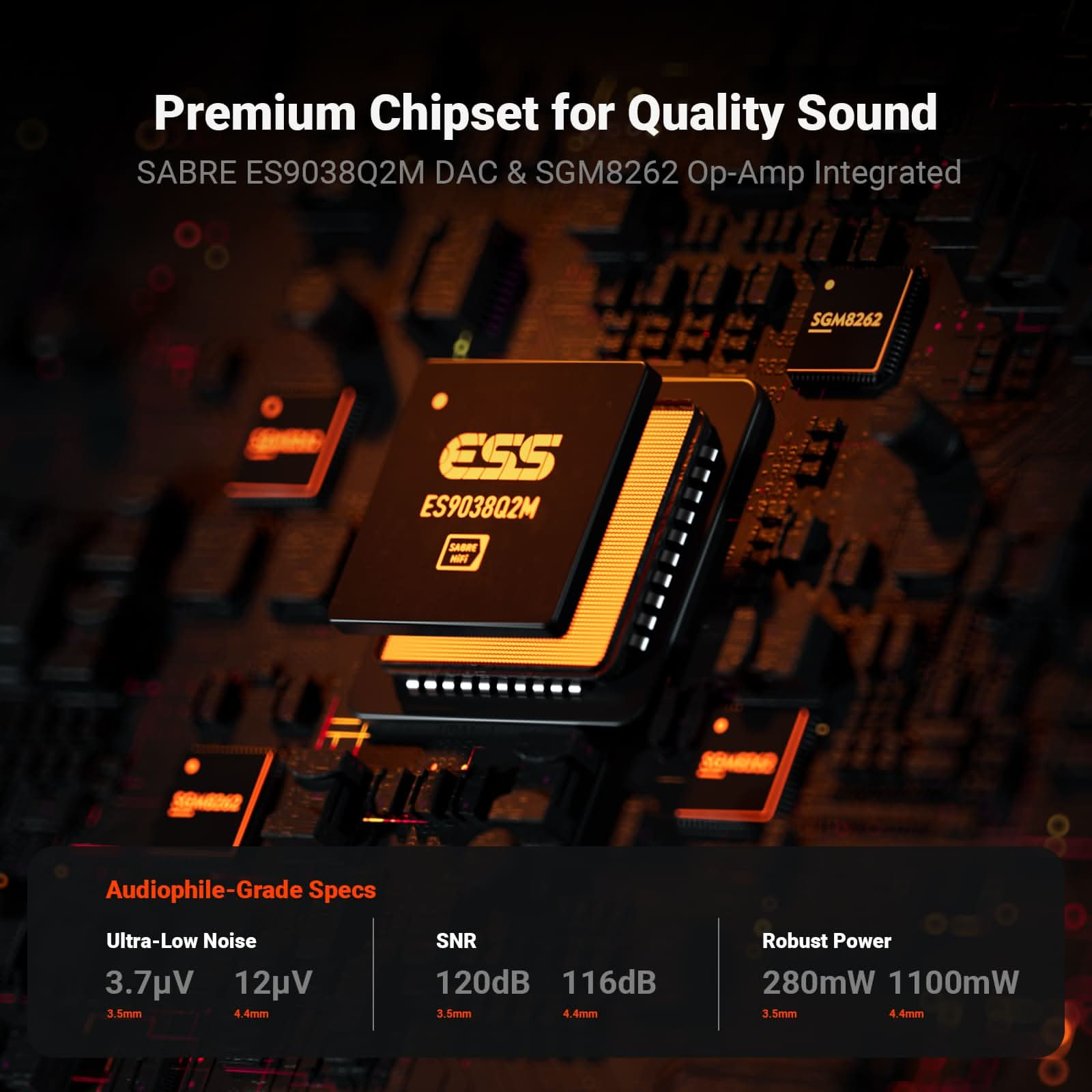 Imagen muestra una placa de circuito con chips y texto sobre calidad de sonido. Las especificaciones incluyen ruido, SNR y potencia.