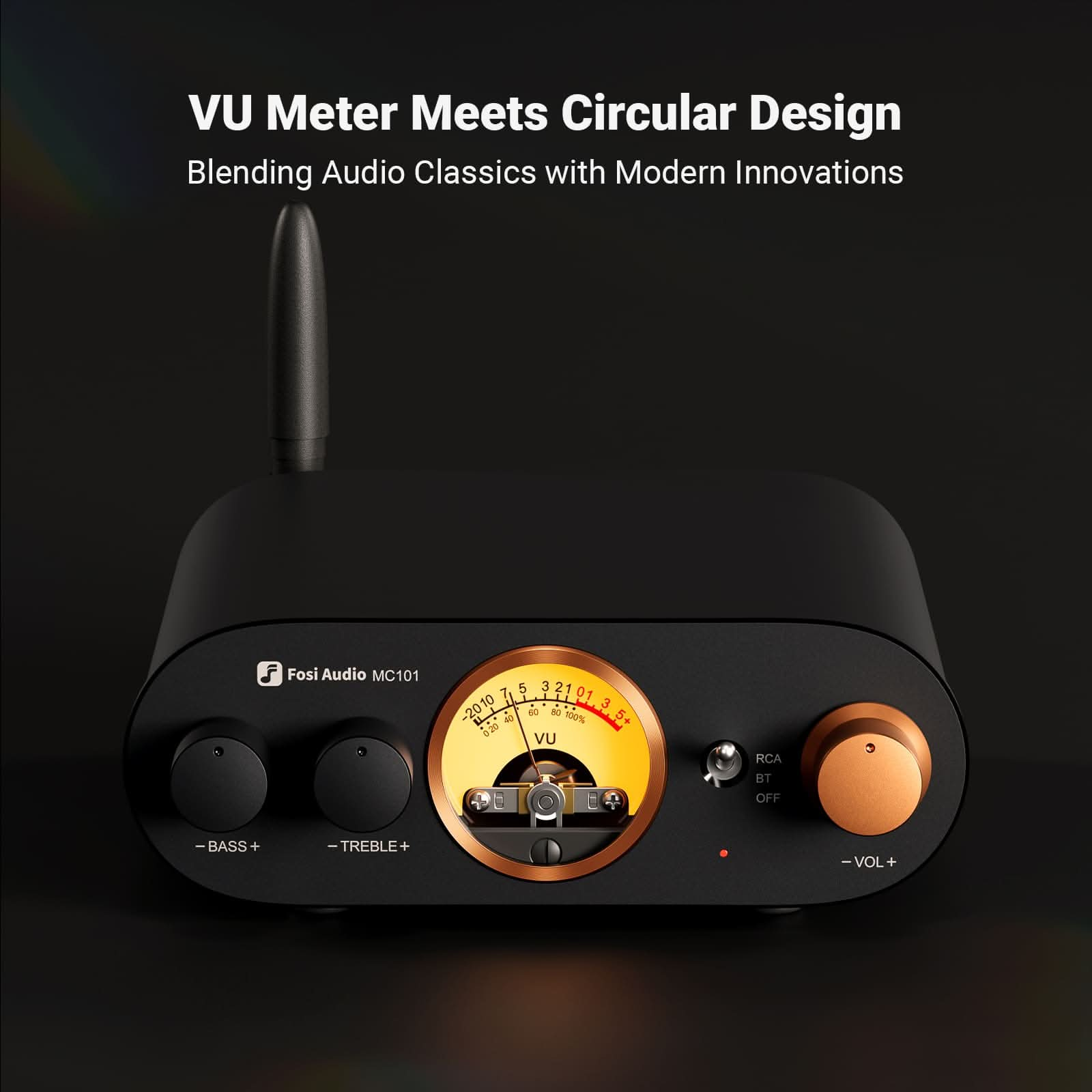 Black audio device with a VU meter, gold accents, and control knobs. Antenna on top.