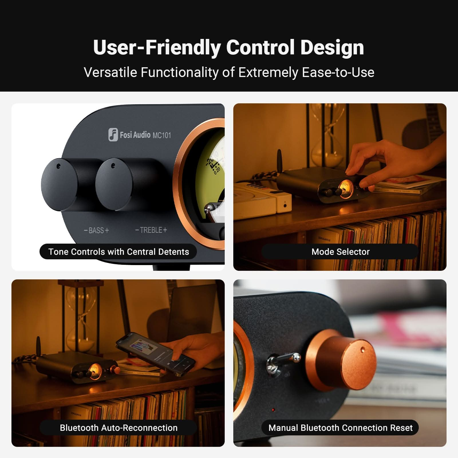 Afbeelding toont audiopaneel. Kenmerken zijn toonregelaars, modusselectie, Bluetooth-connectiviteit en reset.