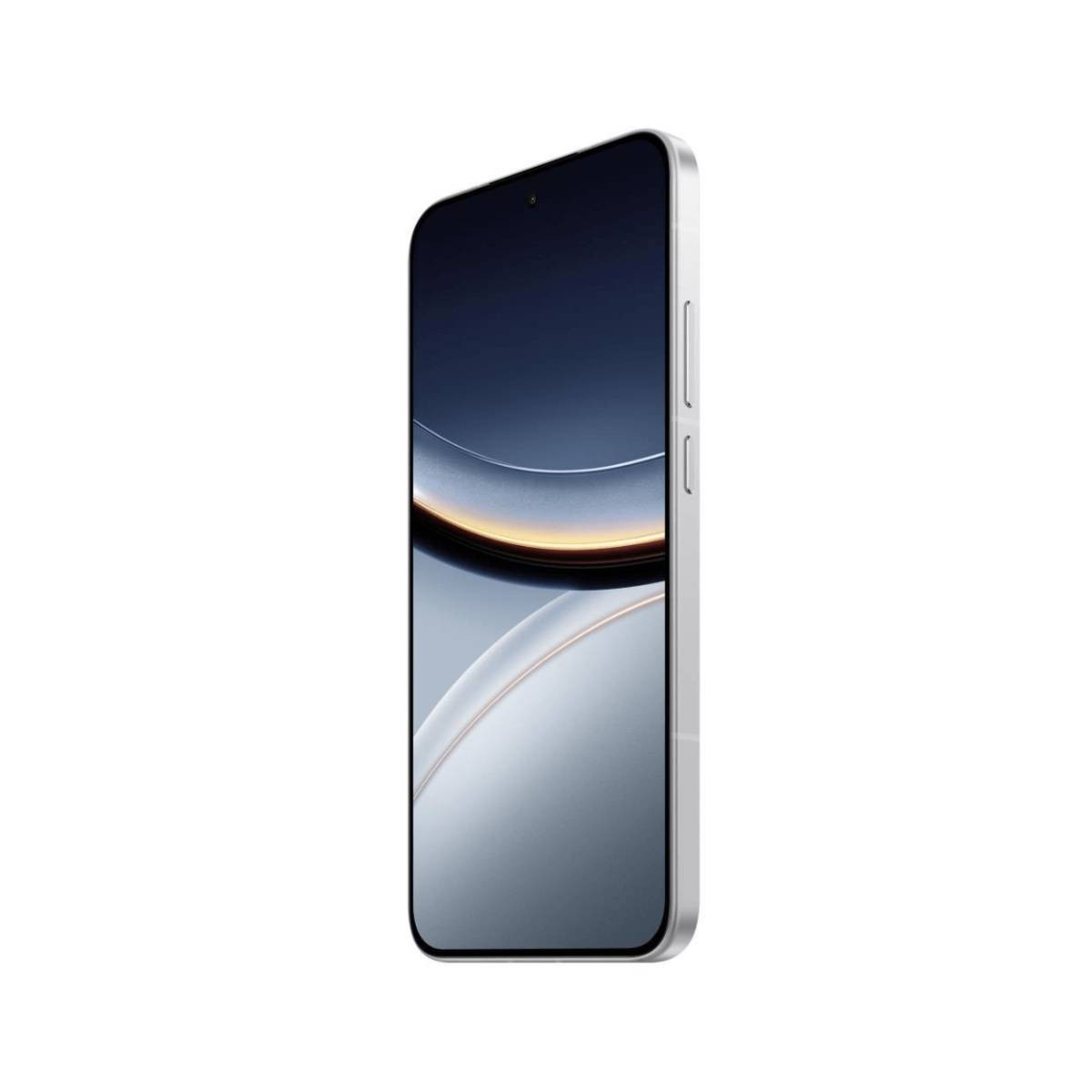 Srebrny smartfon, lekko pochylony, odizolowany na białym tle. Ekran wyświetla gradient z odcieniami niebieskiego i białego.