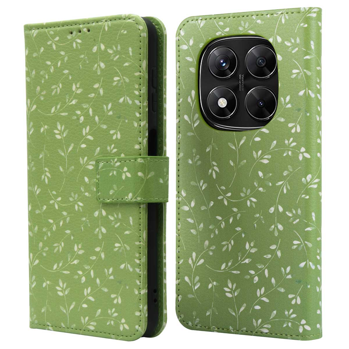 Groene telefoonhoes met witte bladerpatronen. De hoes is open en toont de cameralenzen van de telefoon en een zwart interieur.