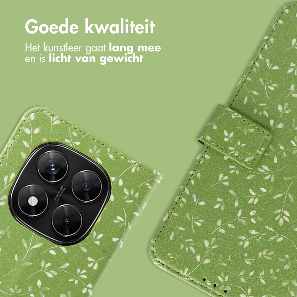 Een groene telefoonhoes met bloemmotief. Een telefoon met camera is zichtbaar. Nederlandse tekst: 'Goede kwaliteit'.