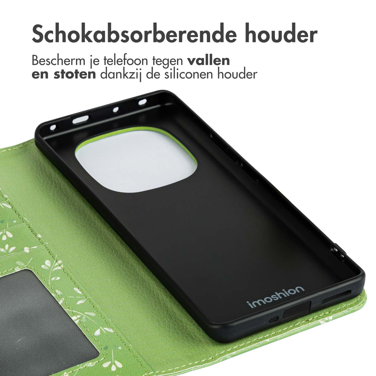 Zwarte telefoonhoes in een groene hoes. Tekst bovenaan: Schokabsorberende houder. Tekst op de hoes: imoshion.
