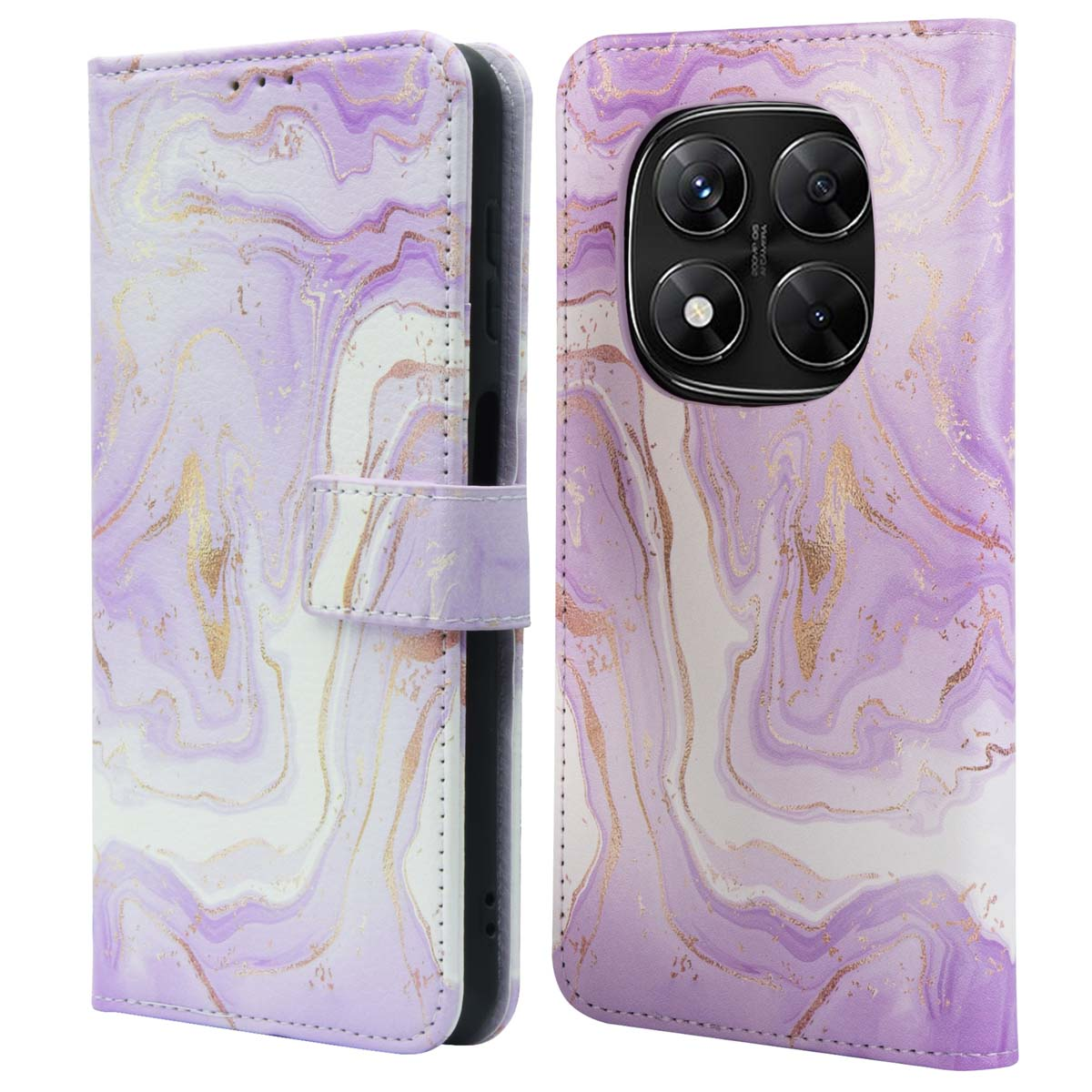 Een telefoonhoesje met een paars marmerpatroon. Het heeft een flap met magneetsluiting en ruimte voor kaarten. De achterkant heeft uitsparingen voor de camera.