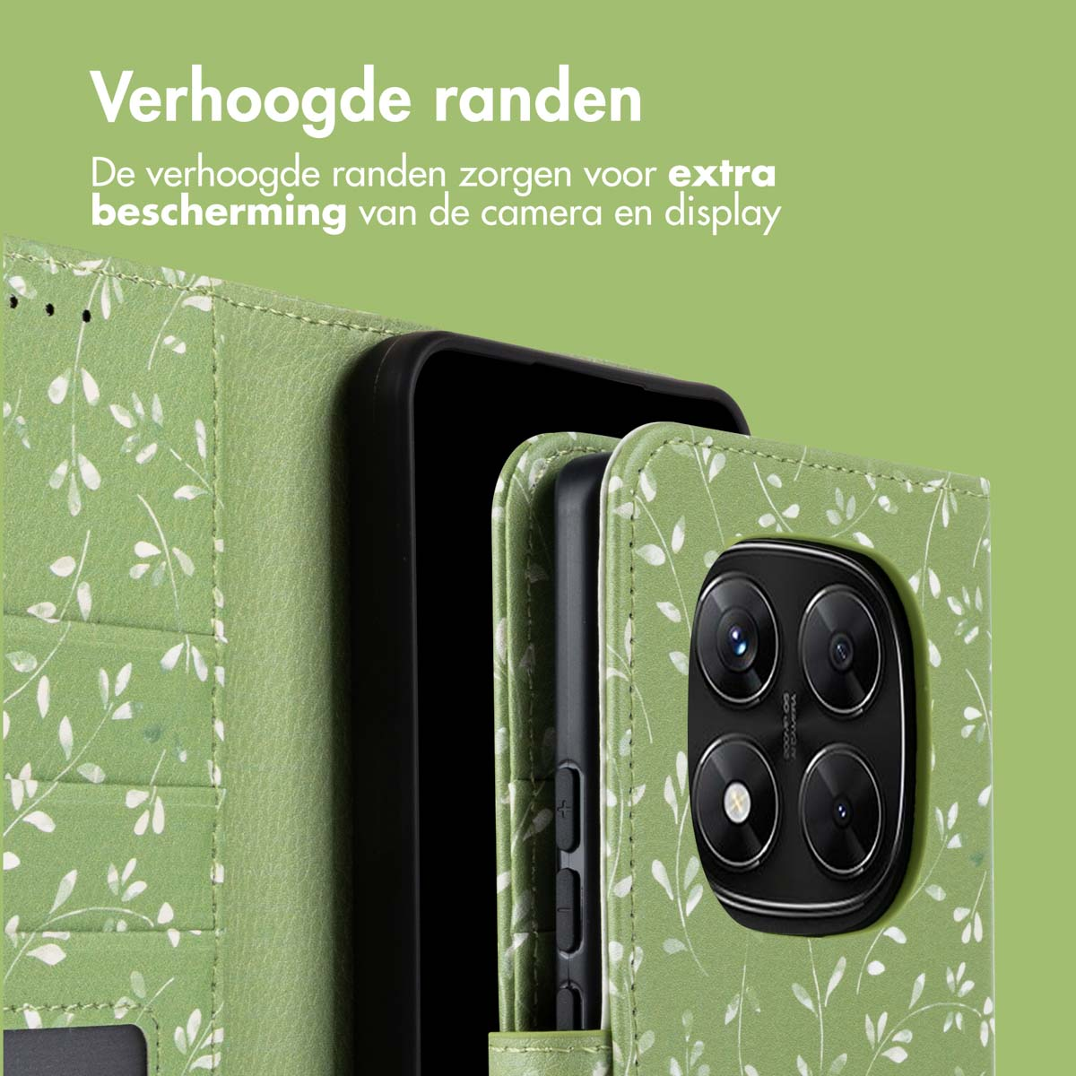 Groene telefoonhoes met wit bladerpatroon. Er zit een telefoon in de hoes. Tekst bovenaan: 'Verhoogde randen'.