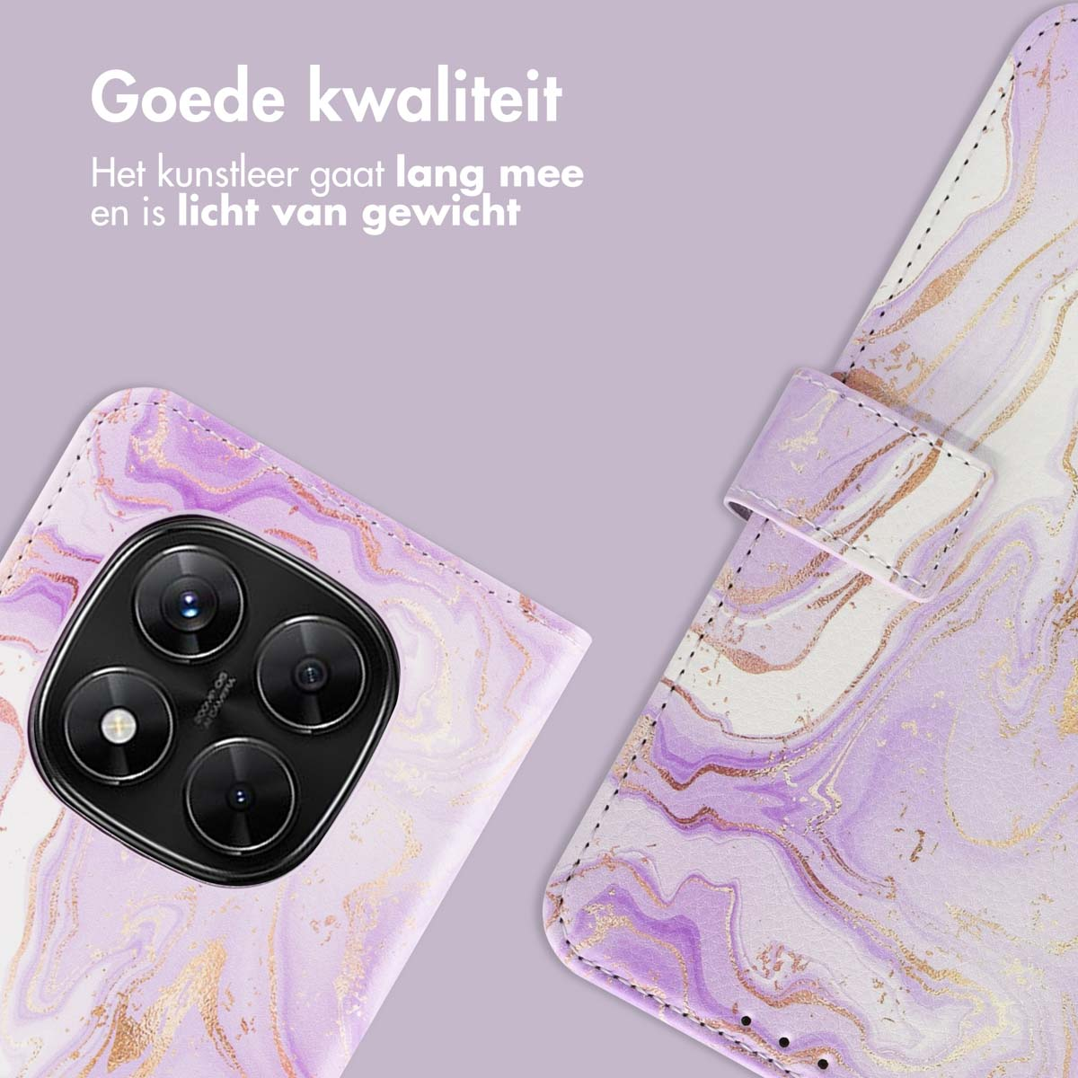Een telefoonhoesje met een paars marmerpatroon. De hoes is open en toont de camera van de telefoon. Tekst bovenaan: Goede kwaliteit.