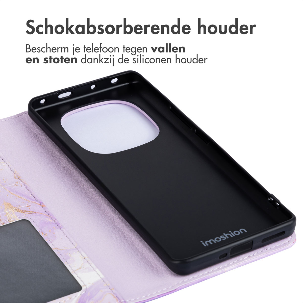 Zwarte telefoonhoes op een paarse, met marmer bewerkte portemonnee. Bovenstaande tekst luidt 'Schokabsorberende houder'.