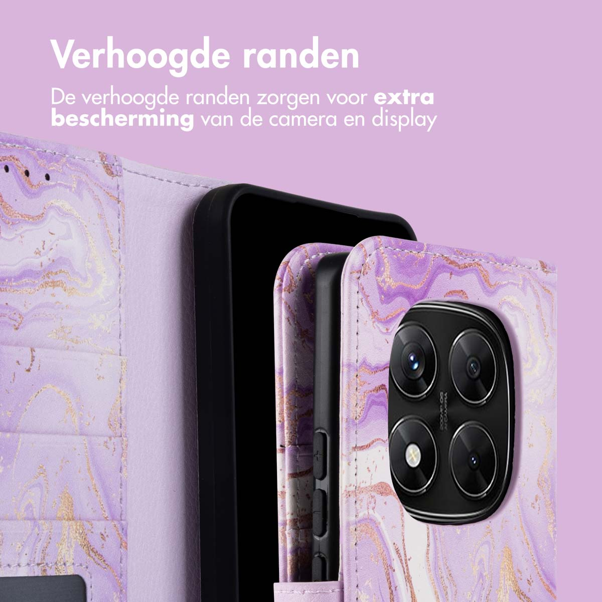 Een telefoonhoesje, geopend om een telefoon te onthullen. De hoes is paars met een marmer effect. Tekst luidt 'verhoogde randen'.