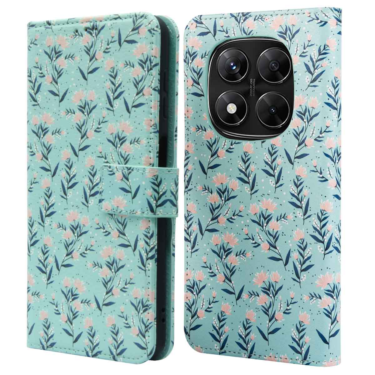 Un étui de téléphone avec un motif floral de fleurs roses et de feuilles vertes sur fond turquoise.