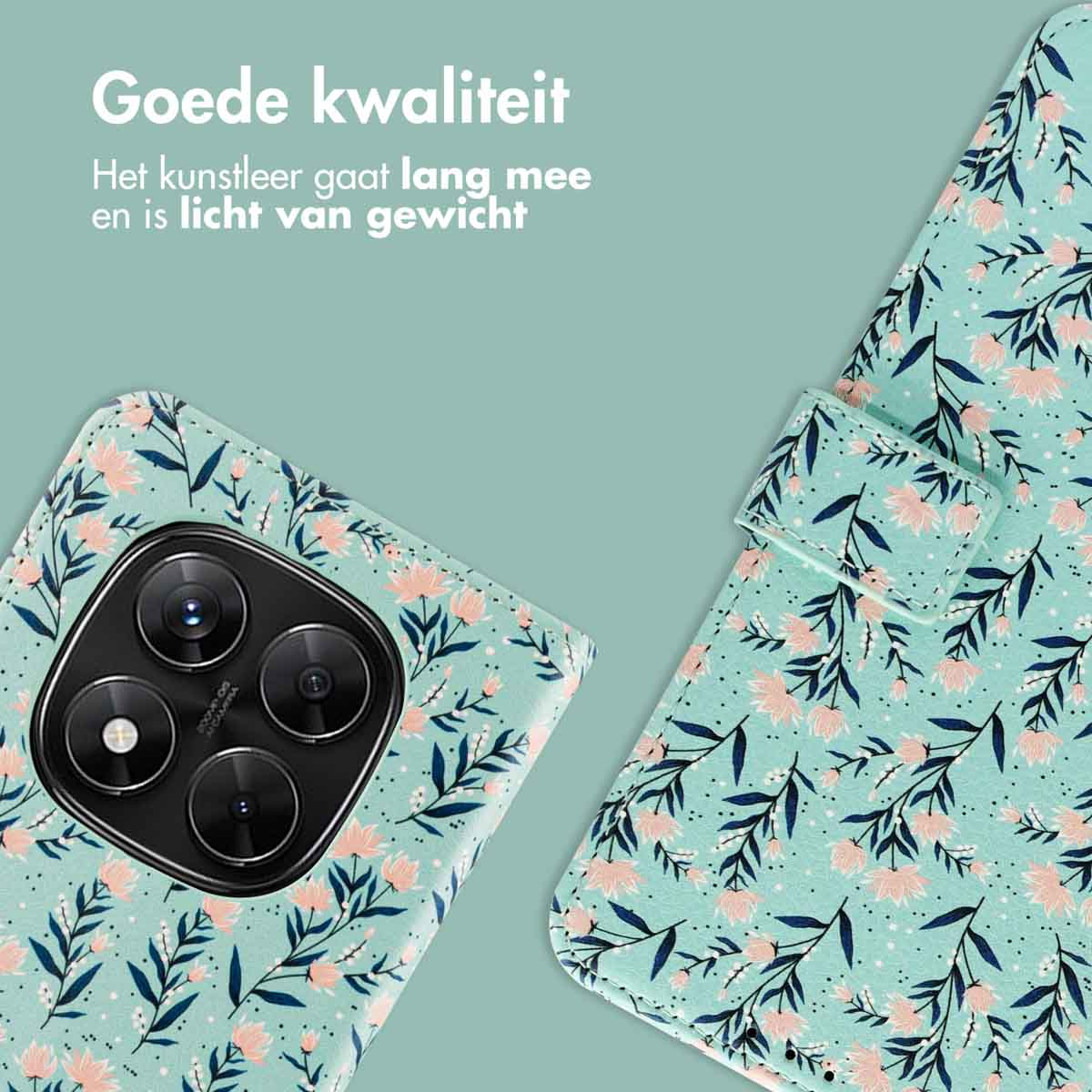 Un étui de téléphone avec un motif floral. L'étui est turquoise avec des fleurs roses et des feuilles bleu foncé. La caméra est visible.