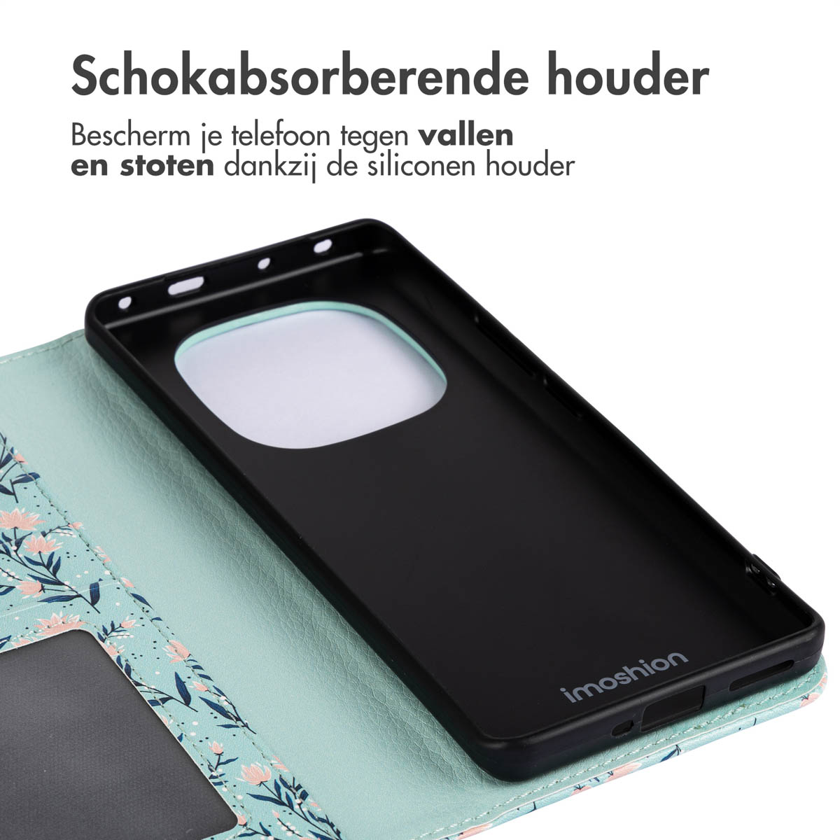 Coque de téléphone noire à l'intérieur d'une coque à motifs floraux. Le texte indique 'Support absorbant les chocs'. La coque protège des chutes et des chocs.