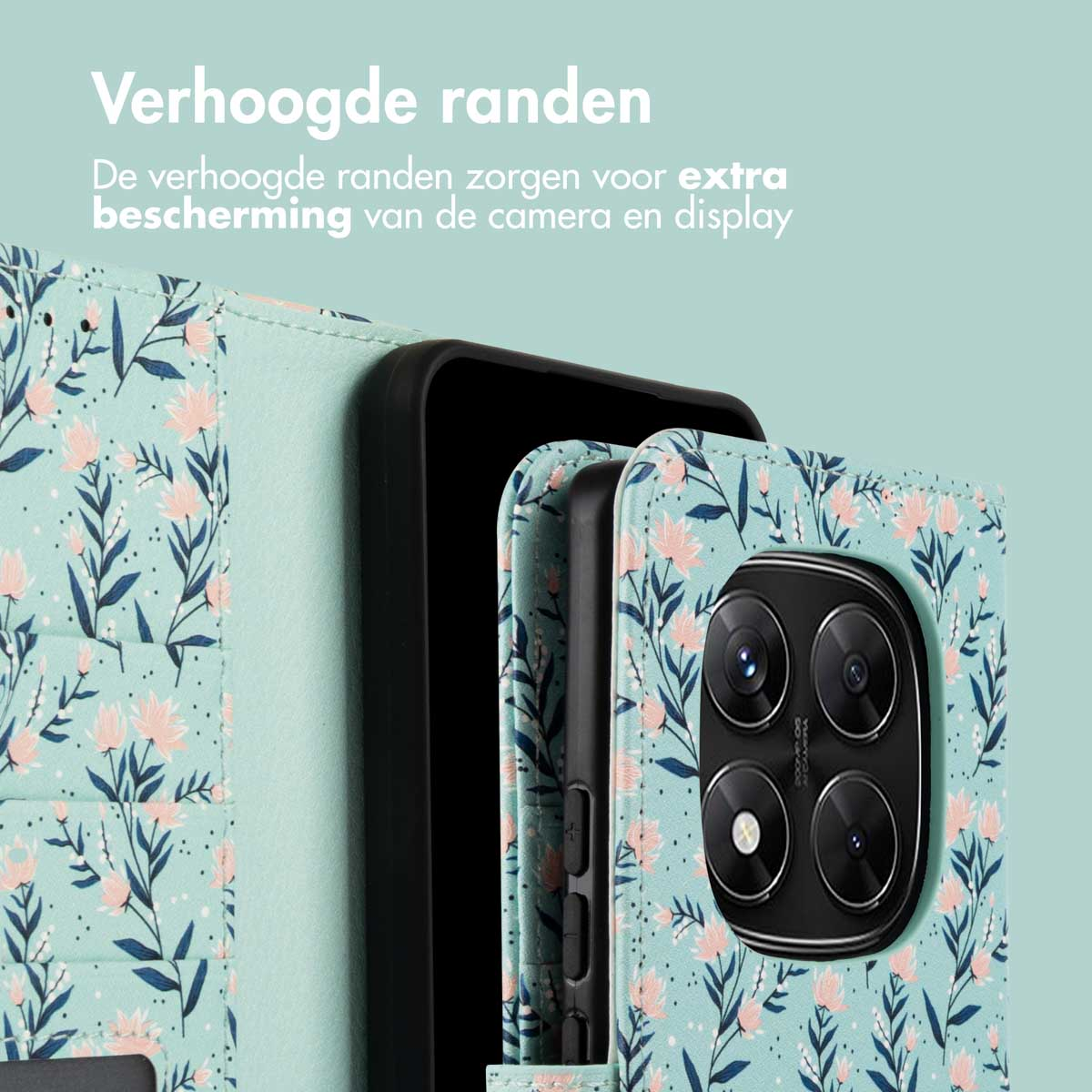 Un étui de téléphone à motif floral protège un téléphone. L'étui est vert menthe avec des fleurs roses et des feuilles bleu foncé. Le téléphone a une caméra.