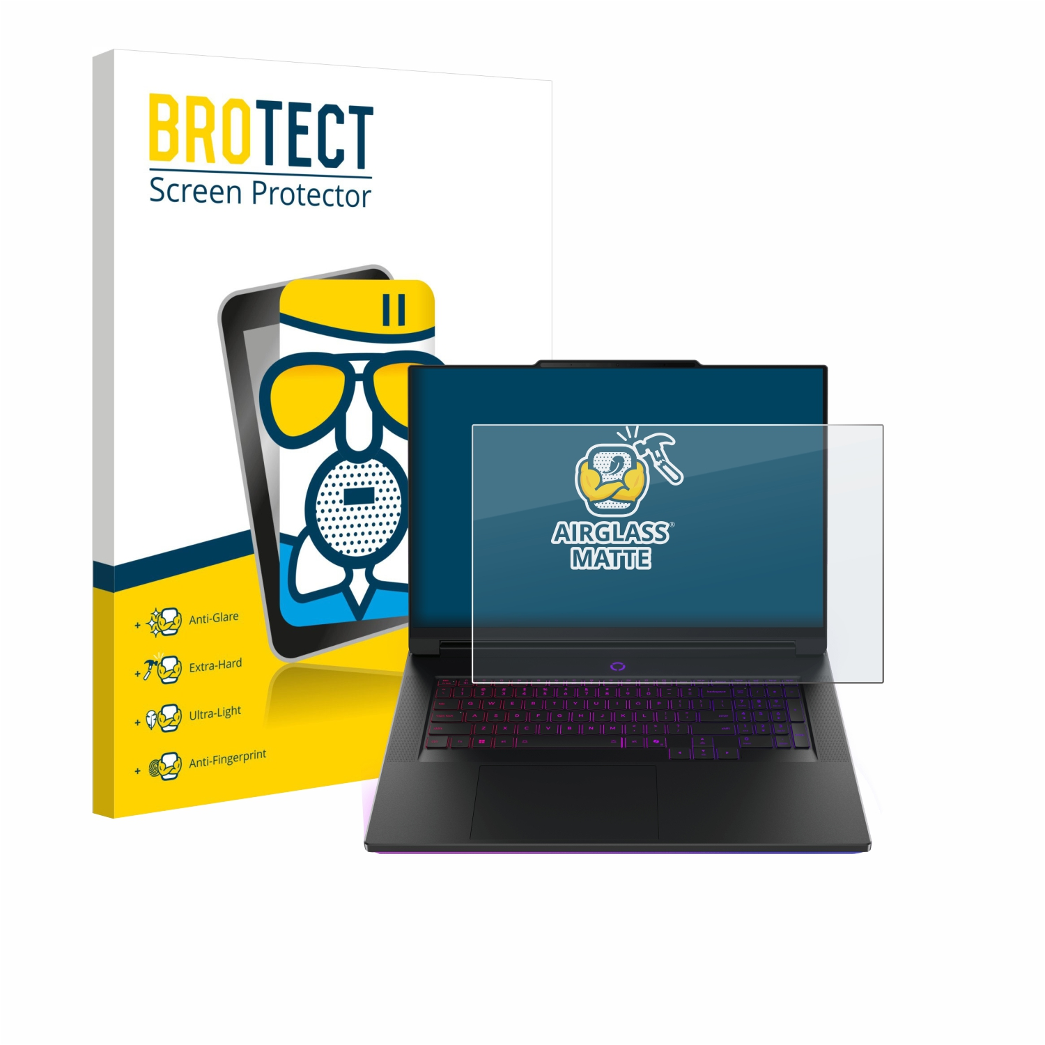 Ein Laptop mit einem Bildschirmschutz. Links eine Schachtel mit Anti-Glare, extrahart, ultraleicht und Anti-Fingerabdruck.