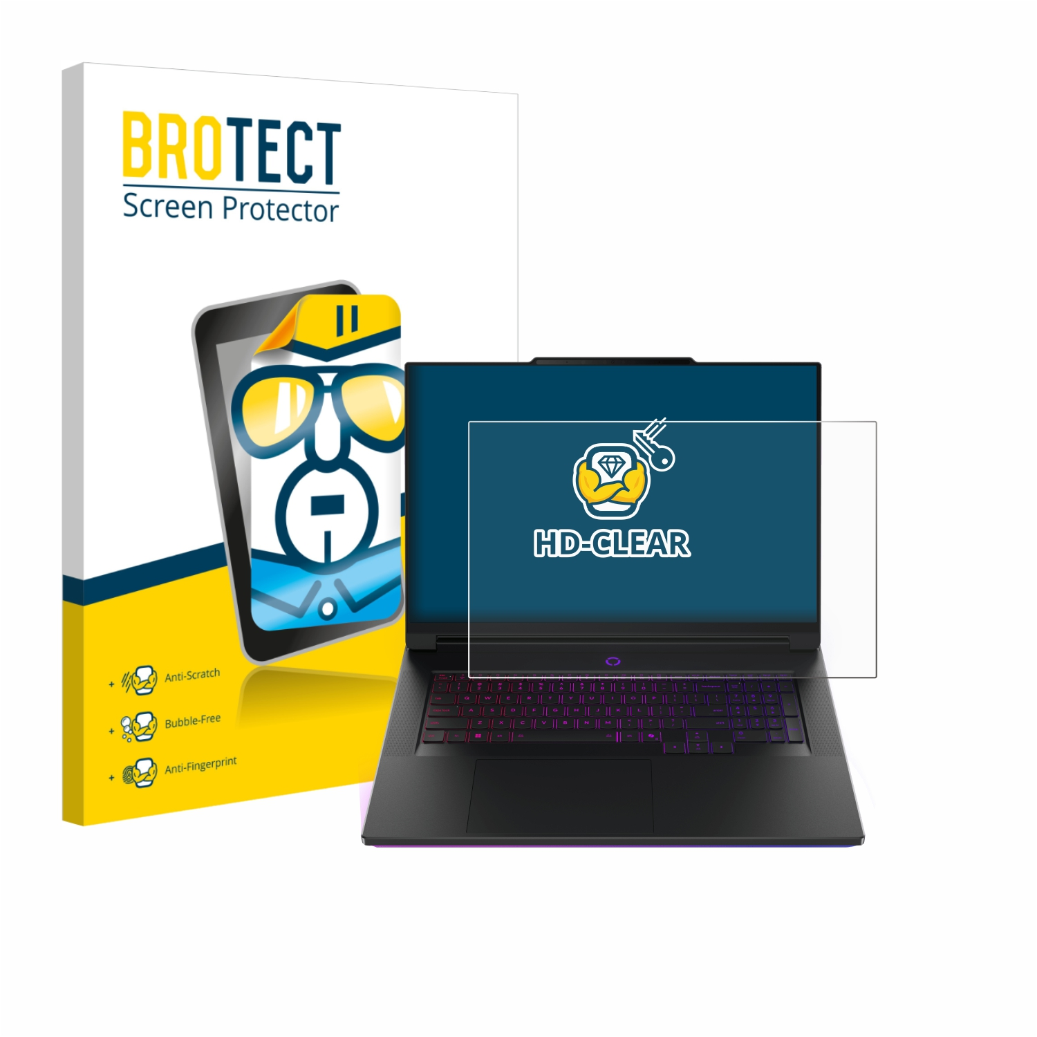 Ein Laptop mit Displayschutz, eine Box mit der Marke BROTECT und Icons. Der Displayschutz sagt HD-CLEAR.