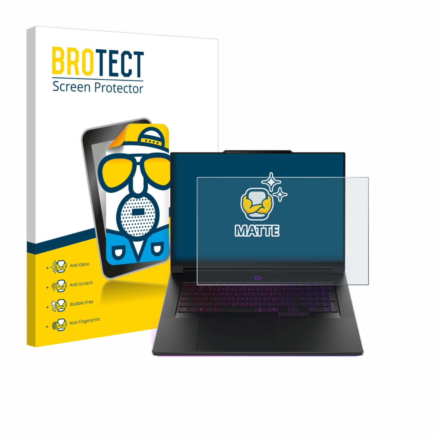Ein Laptop mit Displayschutzfolie daneben eine Schachtel mit einer Cartoonfigur, die die Eigenschaften des Schutzes bewirbt.