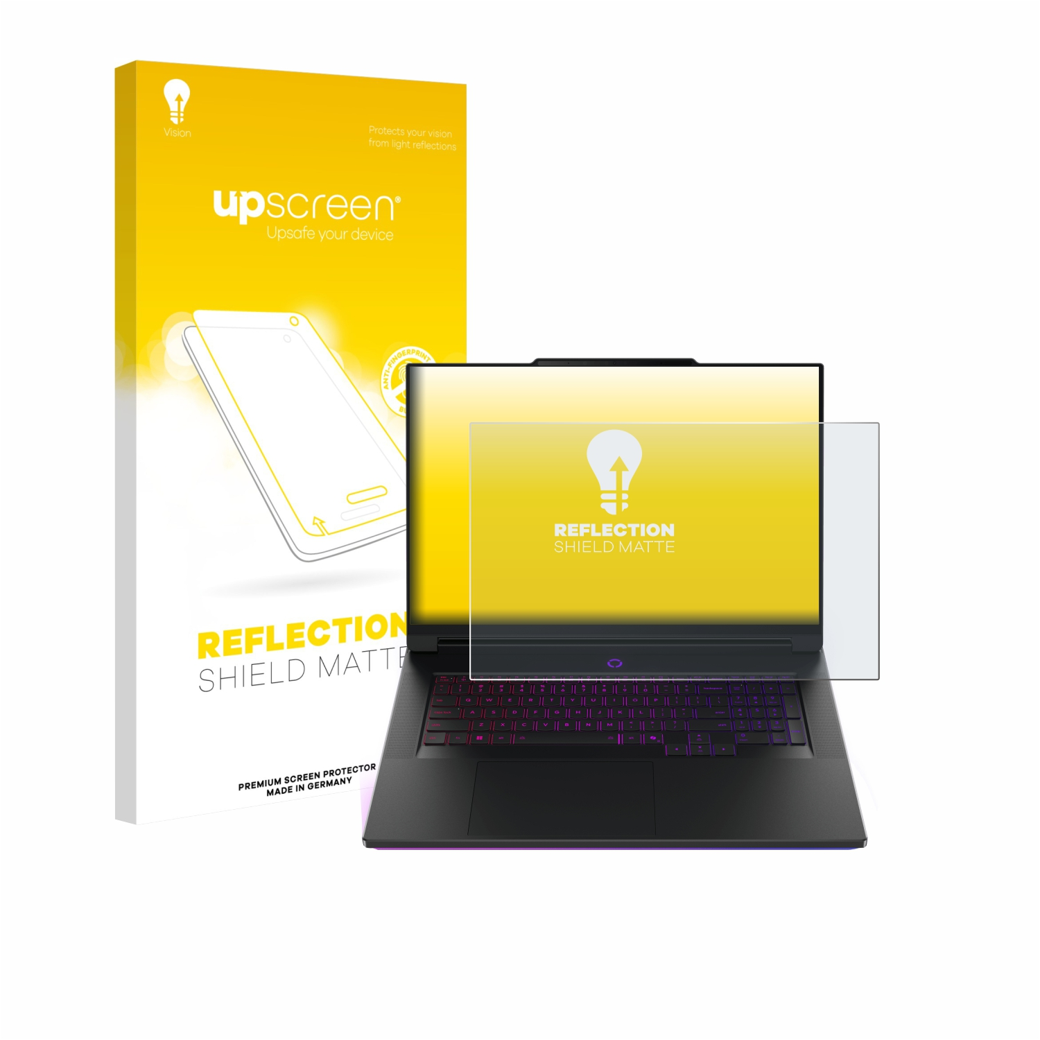 Ein Laptop mit Displayschutzfolie neben der Verpackung. Die Verpackung und die Displayschutzfolie haben das gleiche Branding.