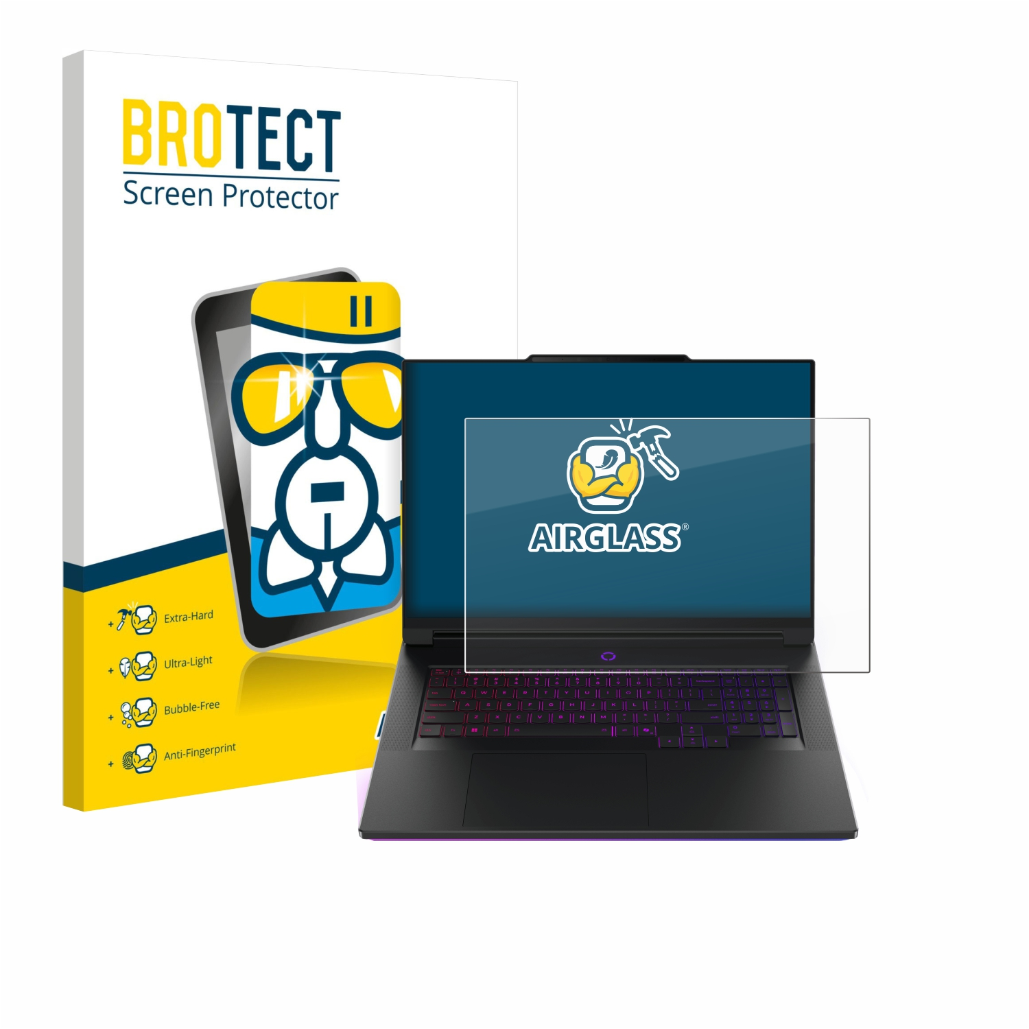 Ein Laptop mit Displayschutzfolie neben der Verpackung. Die Verpackung enthält Produktdetails.