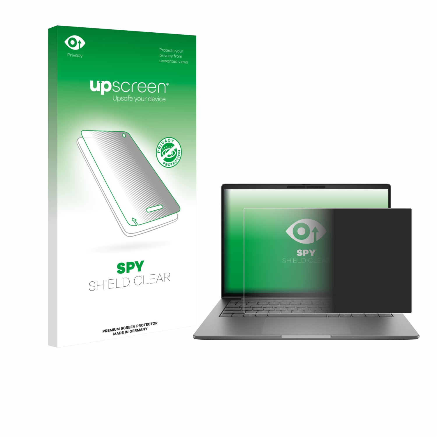 Ein Laptop mit einem Blickschutz neben seiner Verpackung. Die Verpackung zeigt ein Telefon und die Worte 'SPY SHIELD CLEAR'.
