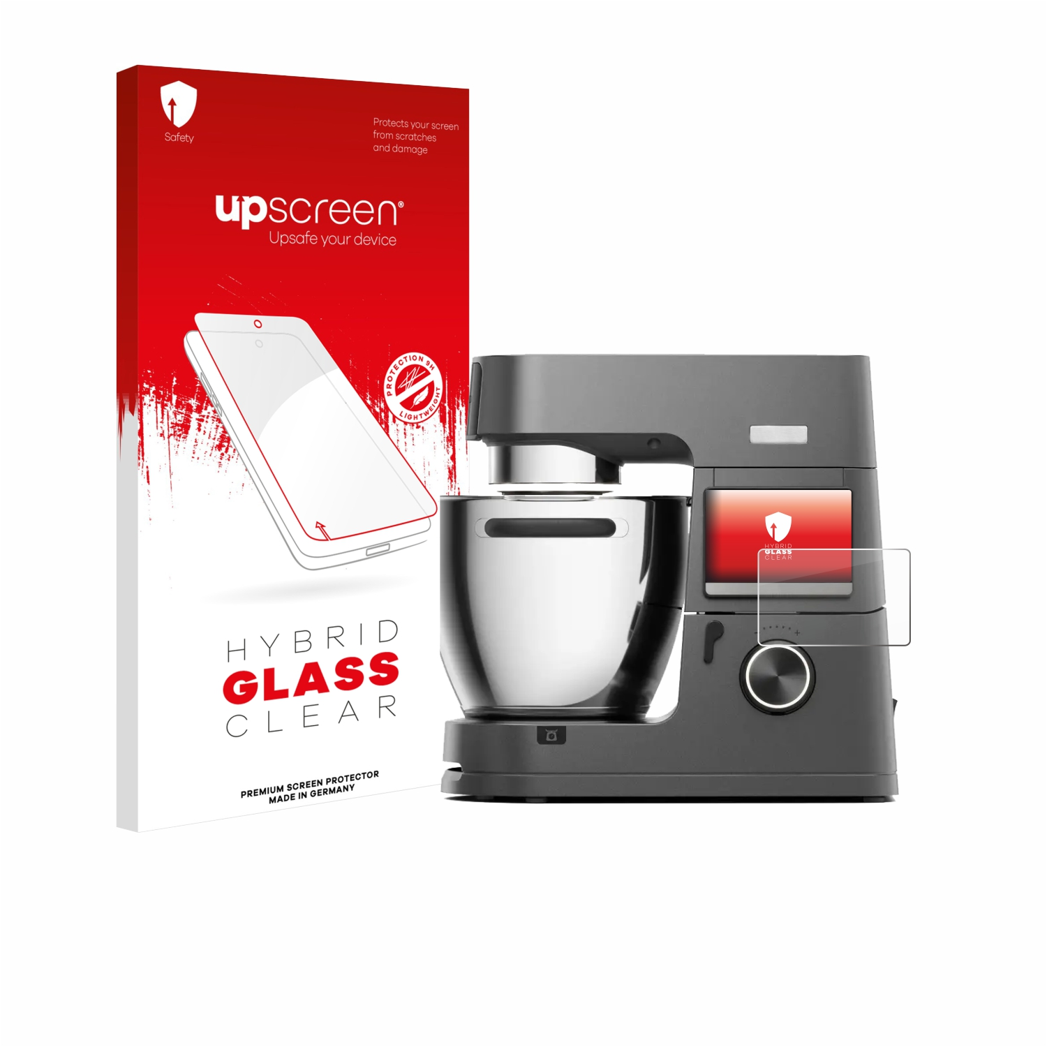 Ein graues Küchengerät steht neben einer Displayschutzbox. Die Box hat rote und weiße Grafiken und wirbt mit 'Hybrid Glass Clear'.