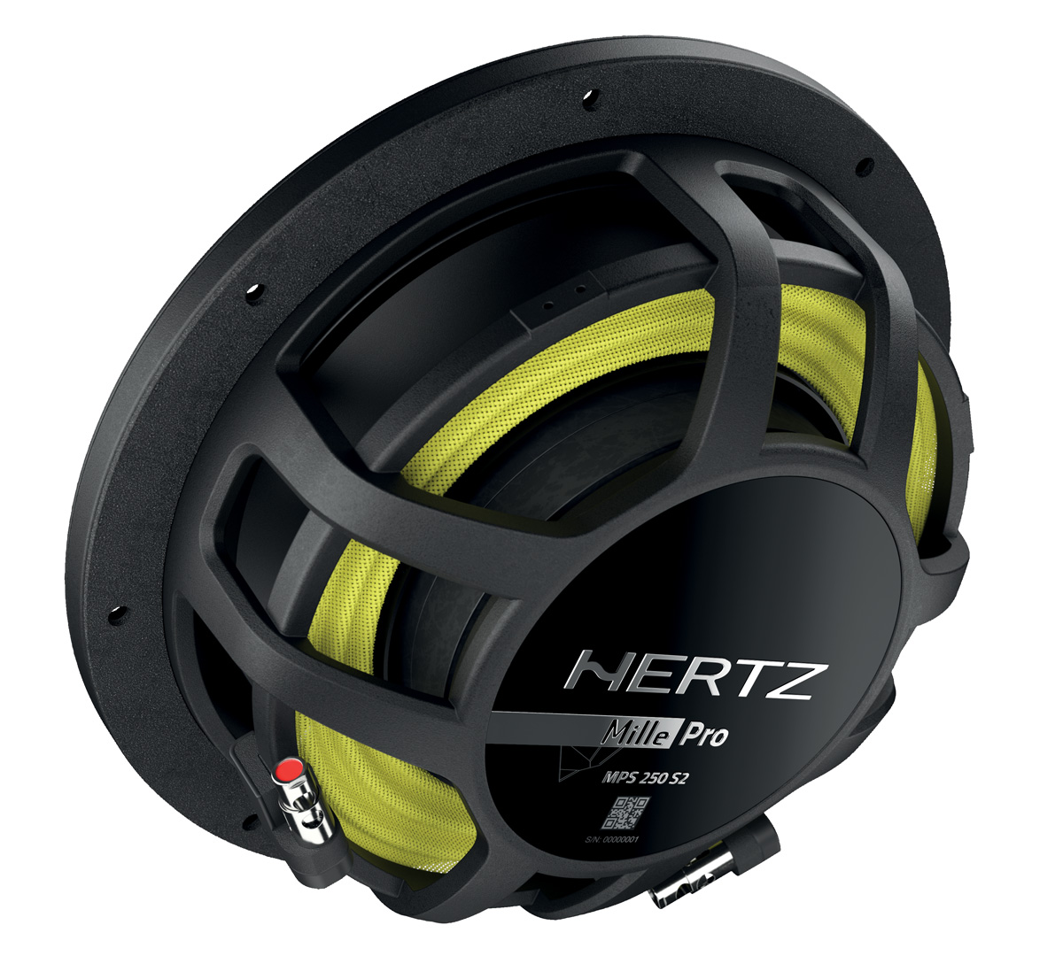 Schwarzer Hertz Mille Pro Auto-Subwoofer mit gelben Akzenten, Metalldetails und rotem Anschluss. Der Rahmen ist schwarz.
