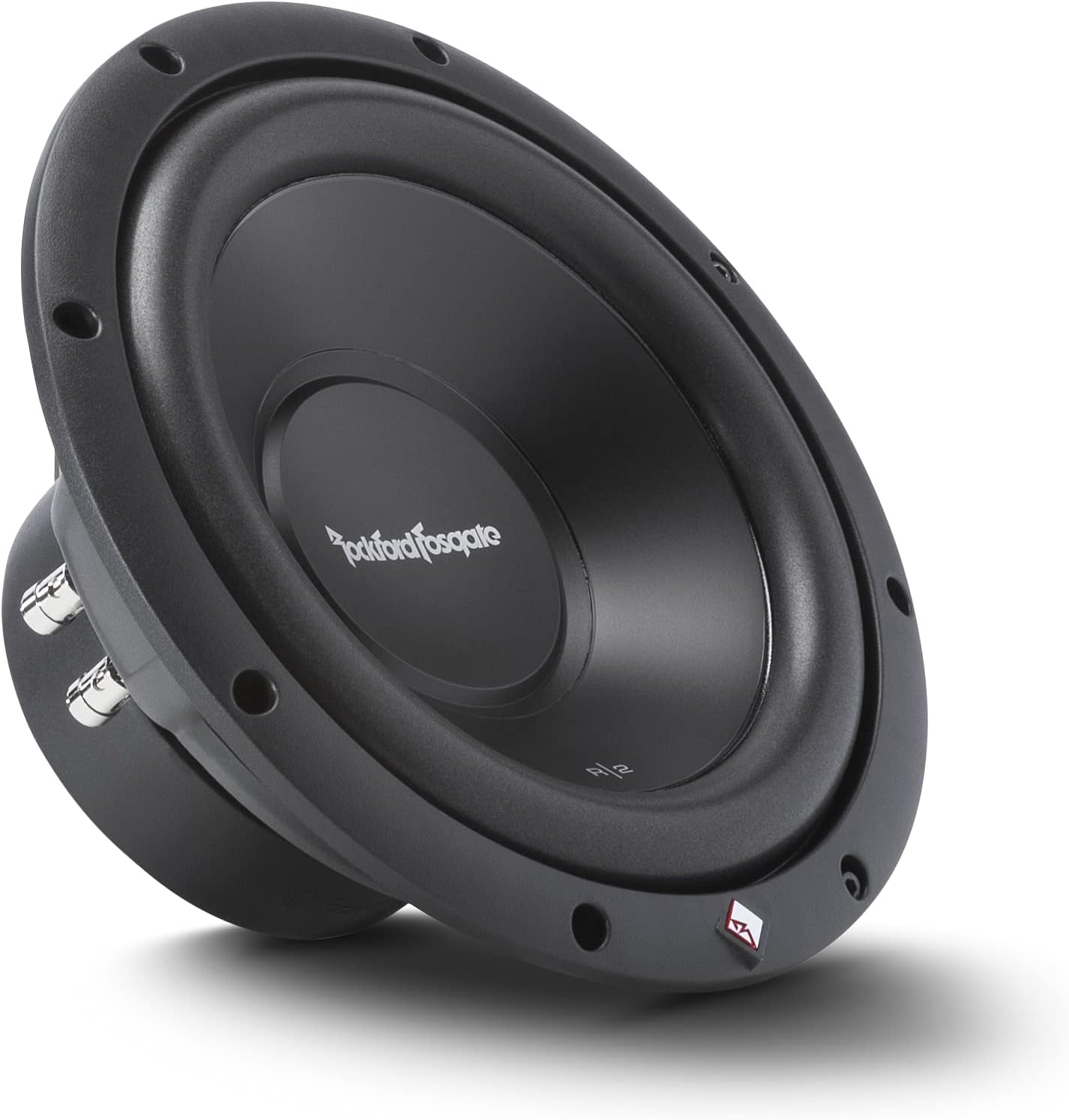 Schwarzer Rockford Fosgate Subwoofer auf Weiß. Er hat eine runde Form, einen großen Konus und mehrere Schraubenlöcher. Der Markenname ist sichtbar.