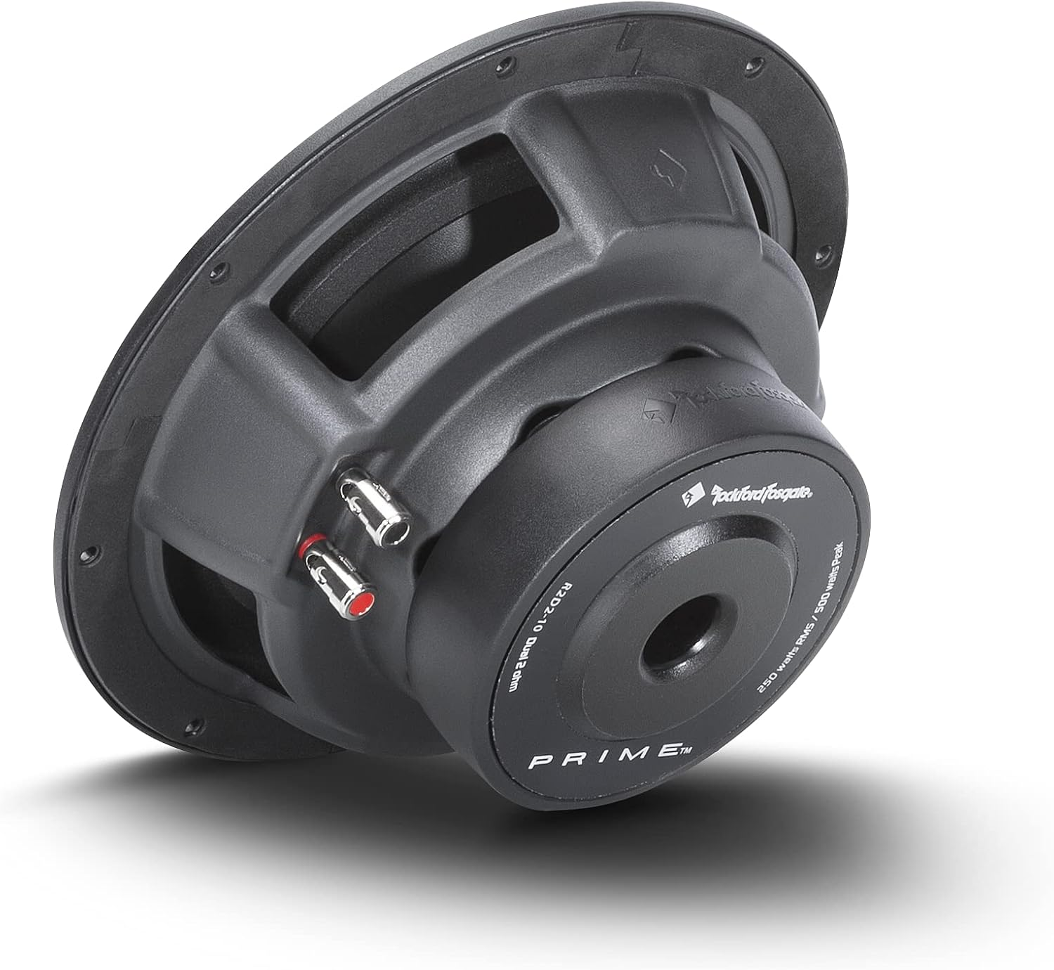 Ein schwarzer Subwoofer, der abgewinkelt ist und den Markennamen 'Rockford Fosgate' zeigt. Er hat zwei Anschlussanschlüsse mit roten und silbernen Akzenten.