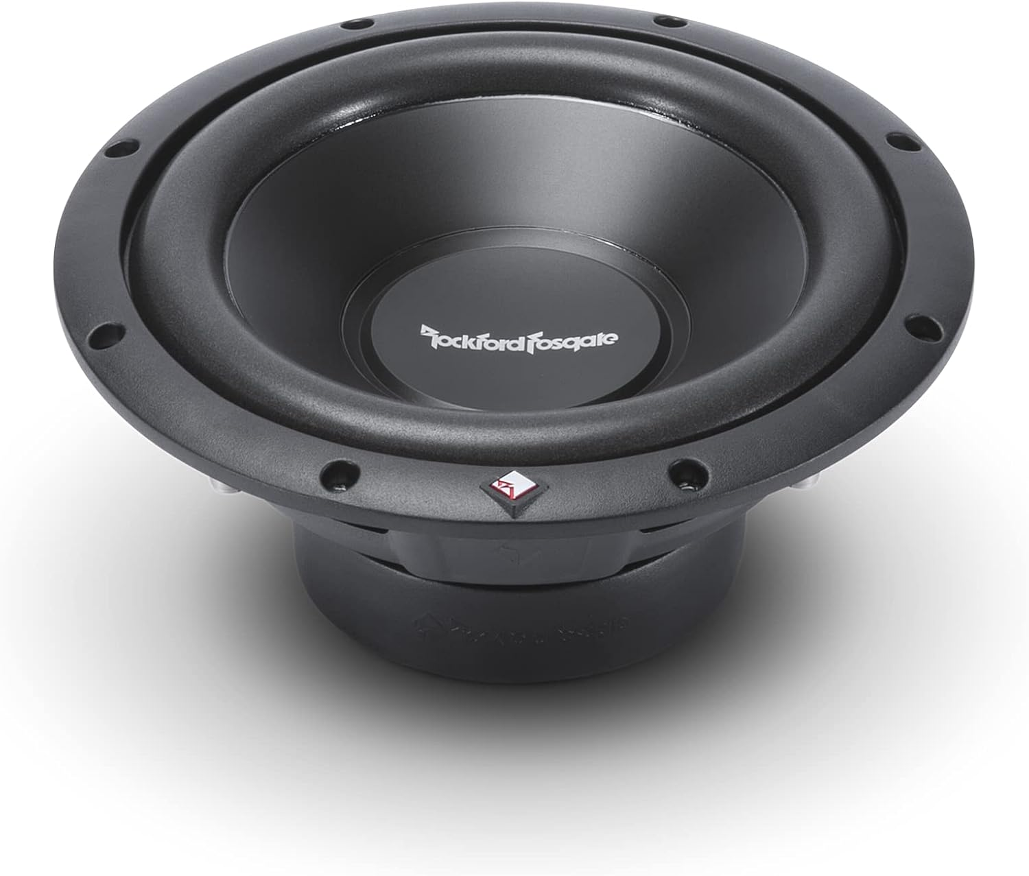Ein schwarzer Subwoofer mit dem Rockford Fosgate Logo steht auf weißem Grund. Der Subwoofer ist rund mit mehreren Schraubenlöchern.